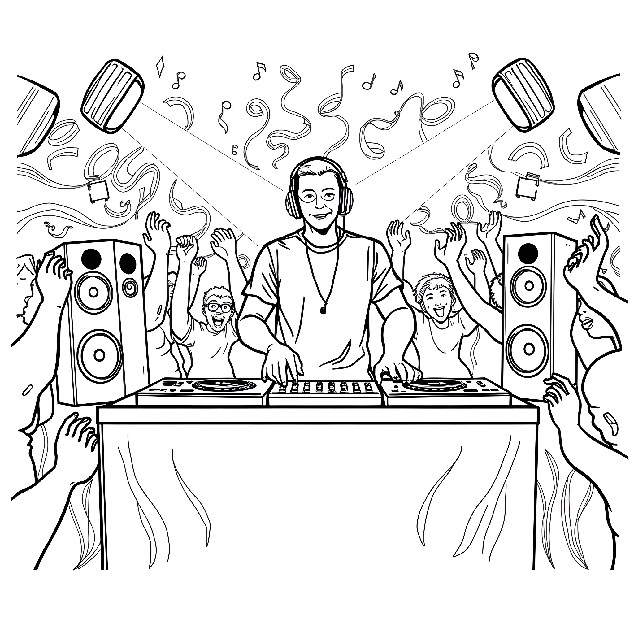 DJ Spinning Tunes at an Energetic Party Coloring Page (free black-and-white line drawing printable PDF for all, from beginners to advanced learners, including children, teens, adults, and seniors)