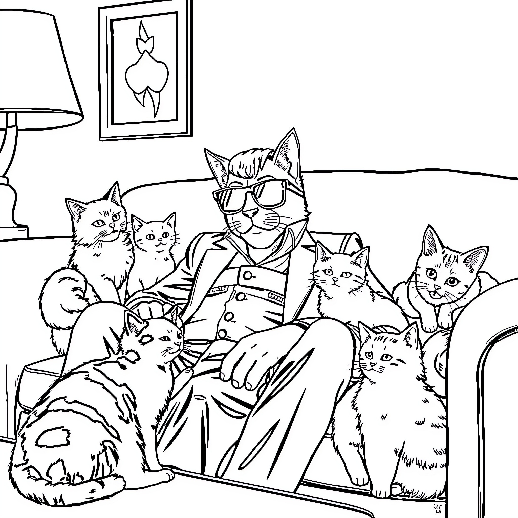 Thomas Magnum surrounded by curious kittens Coloring Page (free black-and-white line drawing printable PDF for all, from beginners to advanced learners, including children, teens, adults, and seniors)