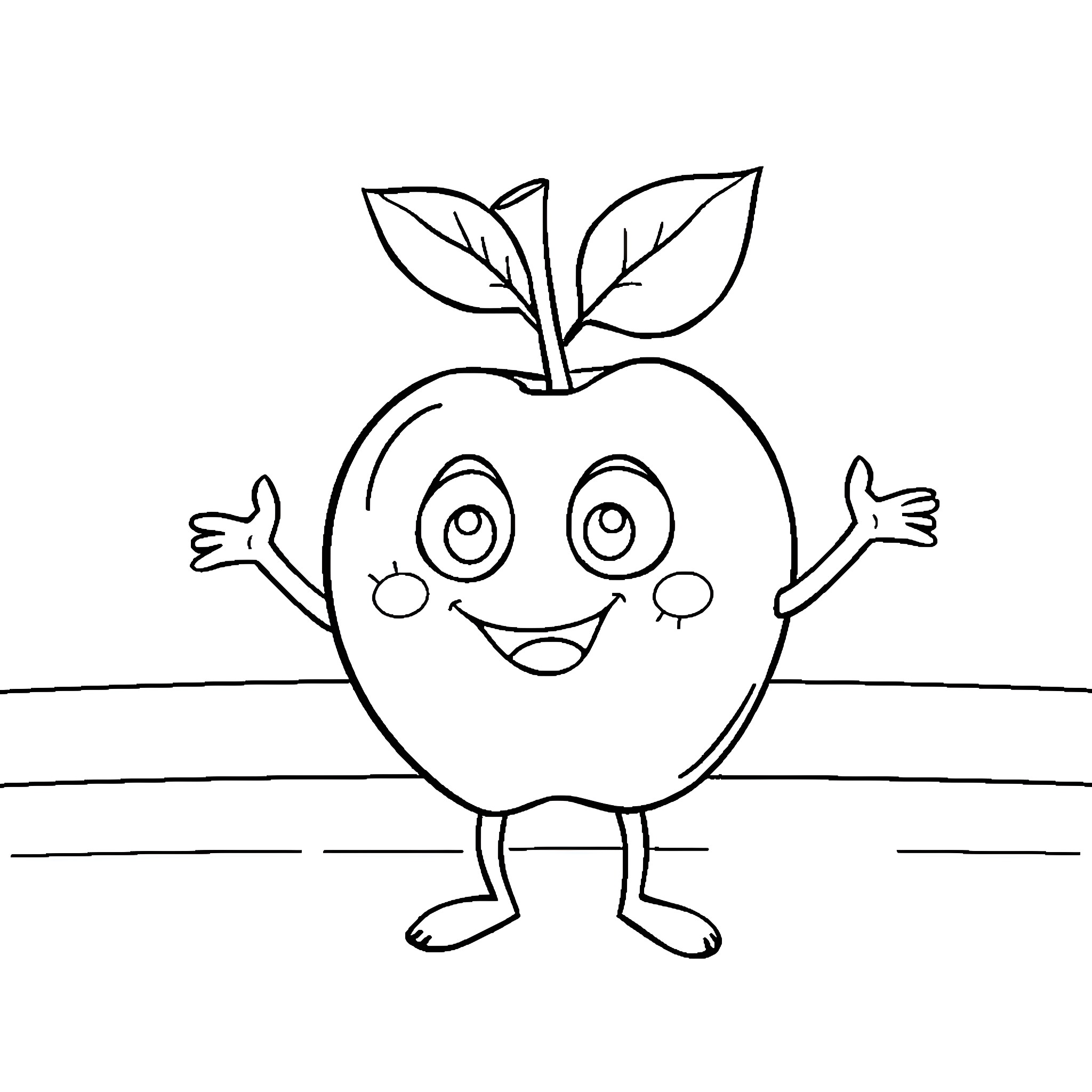 Apple with Expressive Cartoon Face Coloring Page (free black-and-white line drawing printable PDF for all, from beginners to advanced learners, including children, teens, adults, and seniors)