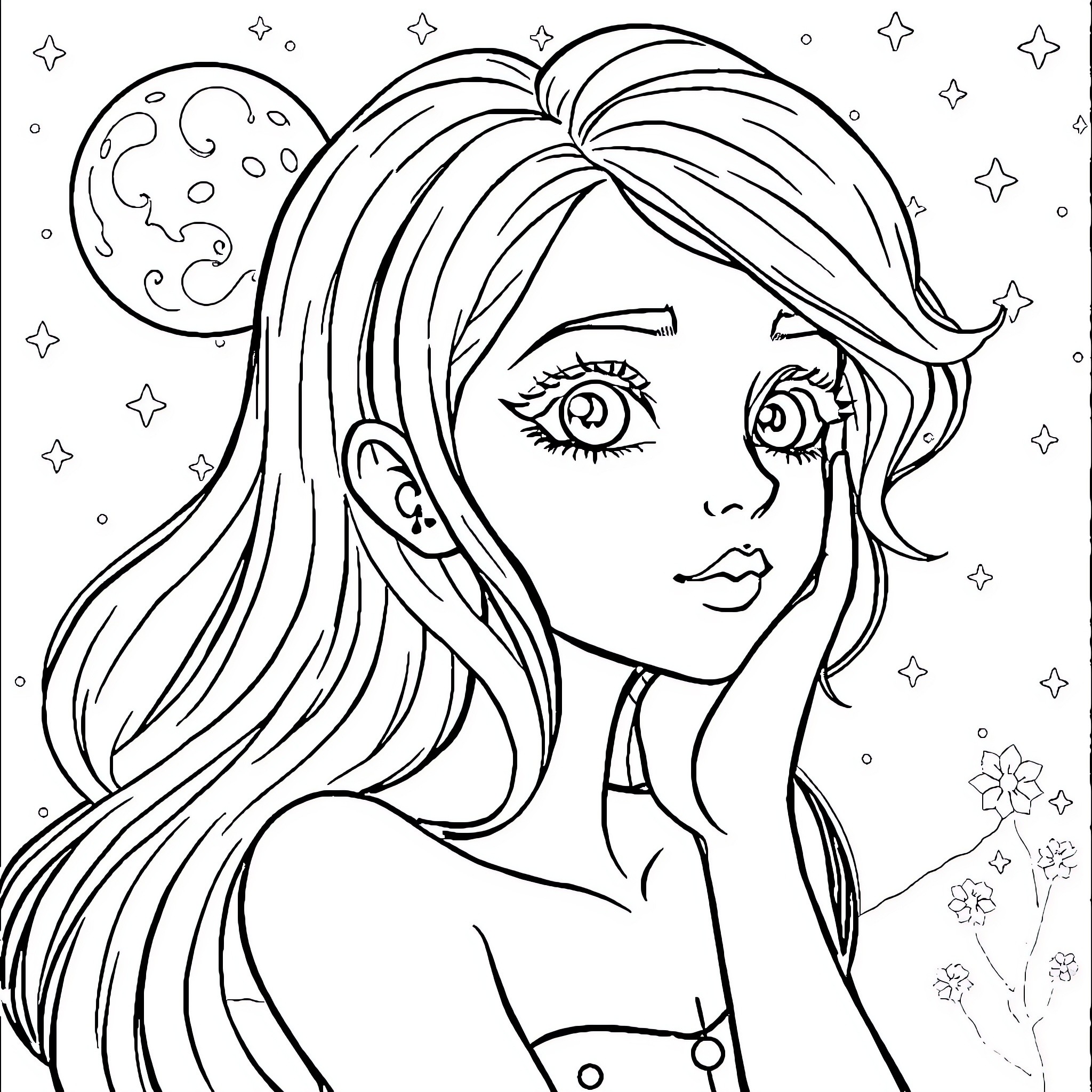 Mujer con cabello ondeante mirando a la luna Coloring Page (free black-and-white line drawing printable PDF for all, from beginners to advanced learners, including children, teens, adults, and seniors)