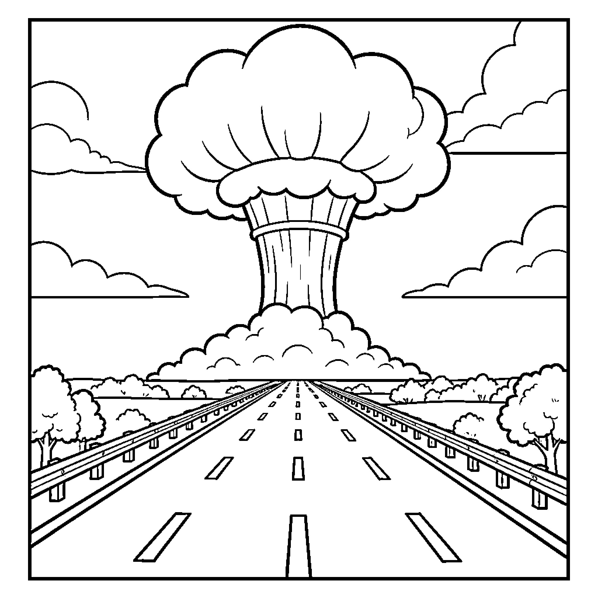 Mushroom cloud rising over a long highway Coloring Page (free black-and-white line drawing printable PDF for all, from beginners to advanced learners, including children, teens, adults, and seniors)