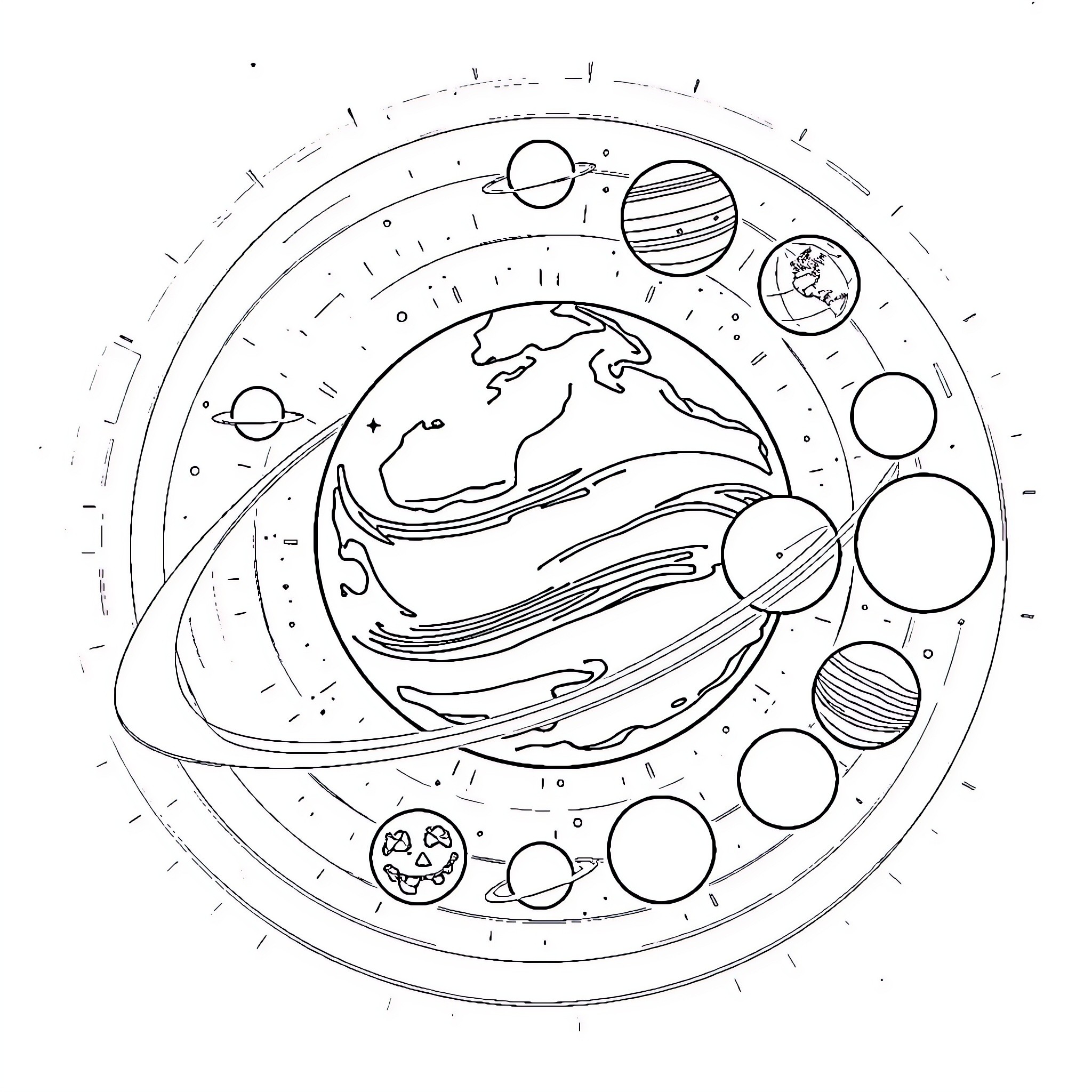 Earth's Celestial Wonders Illustrated Coloring Page (free black-and-white line drawing printable PDF for all, from beginners to advanced learners, including children, teens, adults, and seniors)