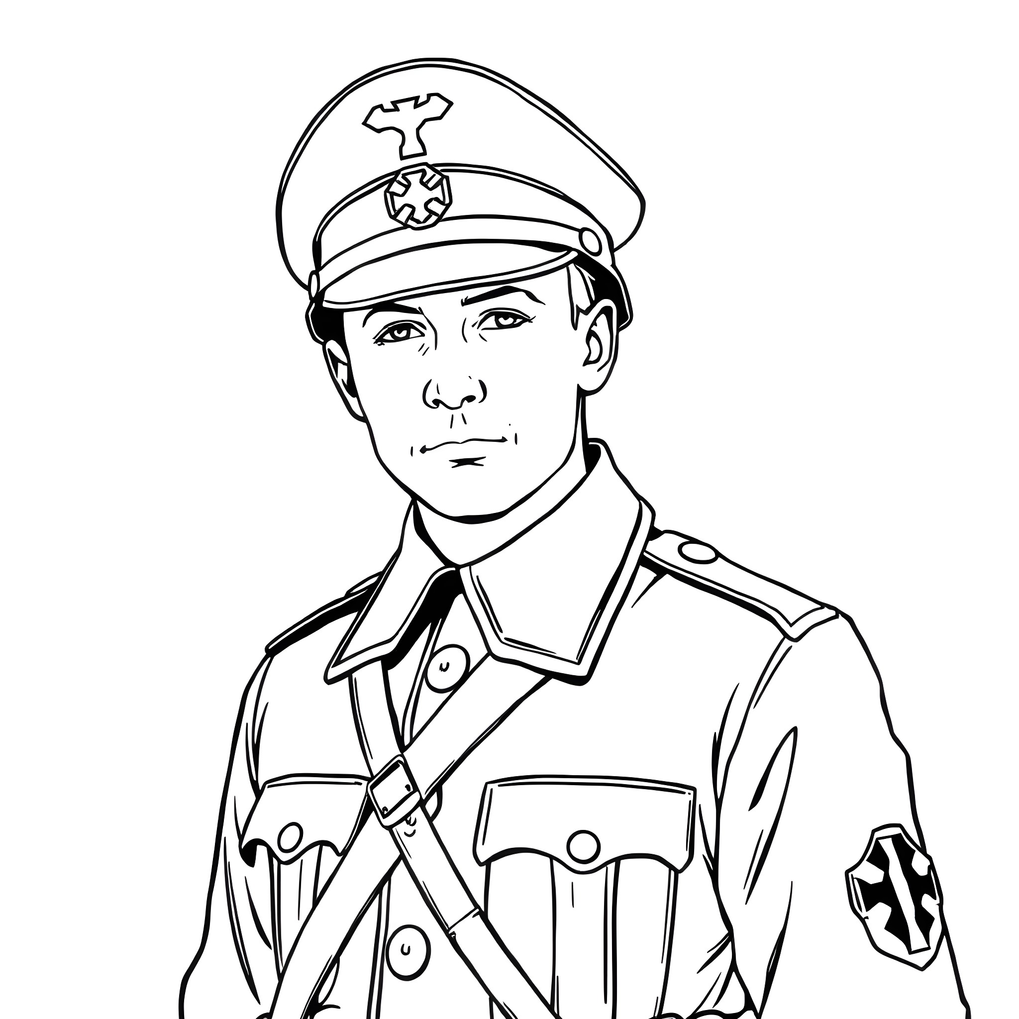 German World War One Soldier in Uniform Coloring Page (free black-and-white line drawing printable PDF for all, from beginners to advanced learners, including children, teens, adults, and seniors)
