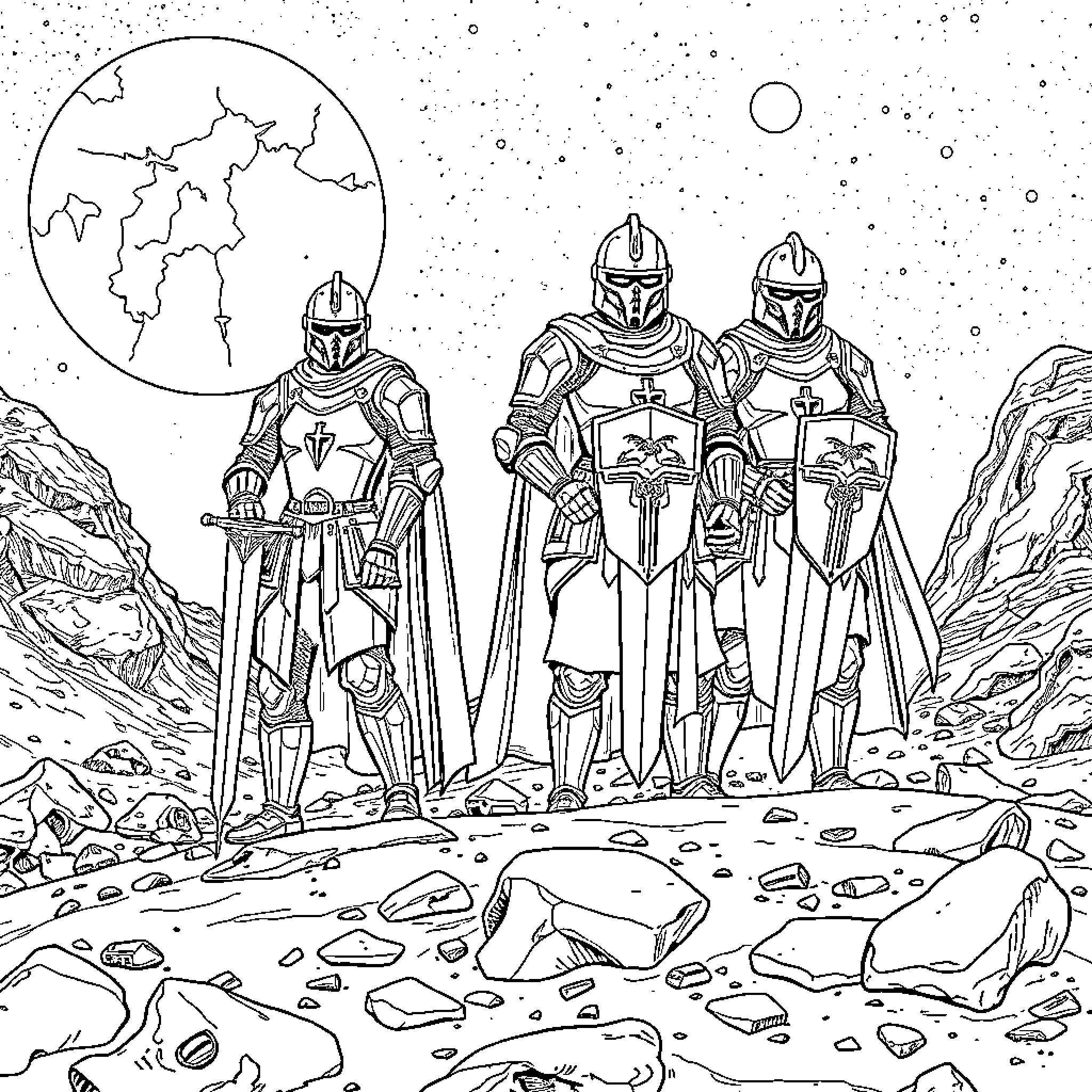 Knight warriors standing tall in the snowy landscape Coloring Page (free black-and-white line drawing printable PDF for all, from beginners to advanced learners, including children, teens, adults, and seniors)