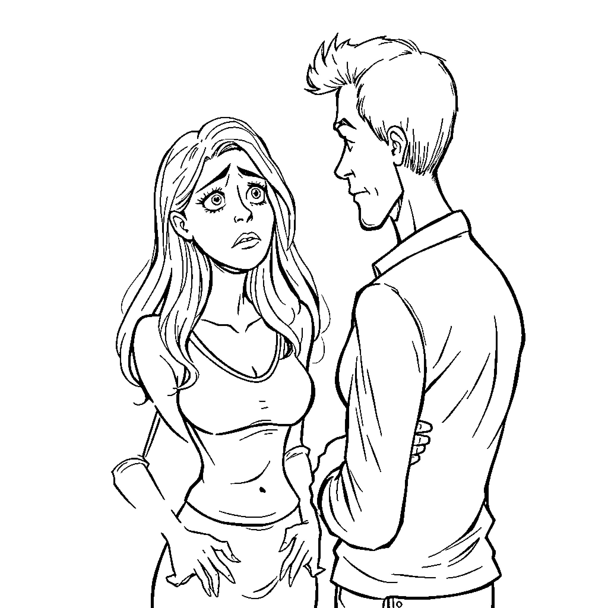 Wife's Distressed Expression and Companion's Concern Coloring Page (free black-and-white line drawing printable PDF for all, from beginners to advanced learners, including children, teens, adults, and seniors)
