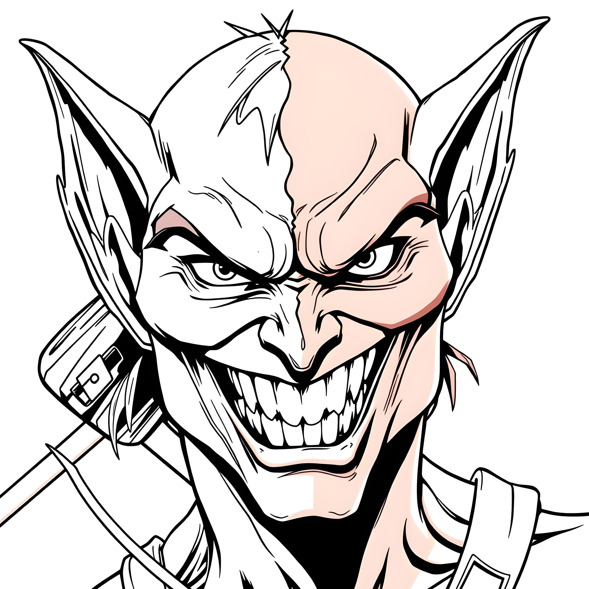 Goblin with mischievous expression and sharp teeth Coloring Page (free black-and-white line drawing printable PDF for all, from beginners to advanced learners, including children, teens, adults, and seniors)