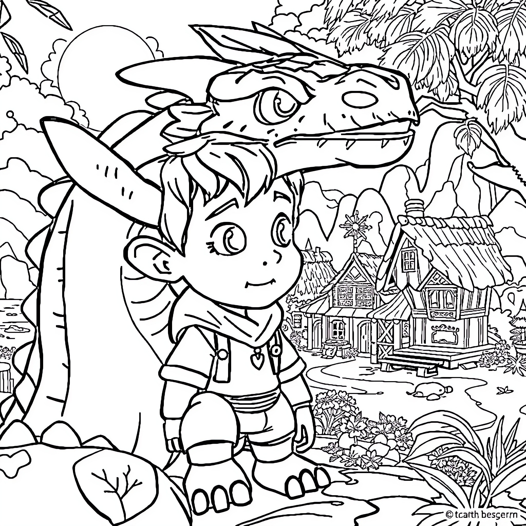 Dragon-like Creature and Playful Boy in Fantasy Landscape Coloring Page (free black-and-white line drawing printable PDF for all, from beginners to advanced learners, including children, teens, adults, and seniors)