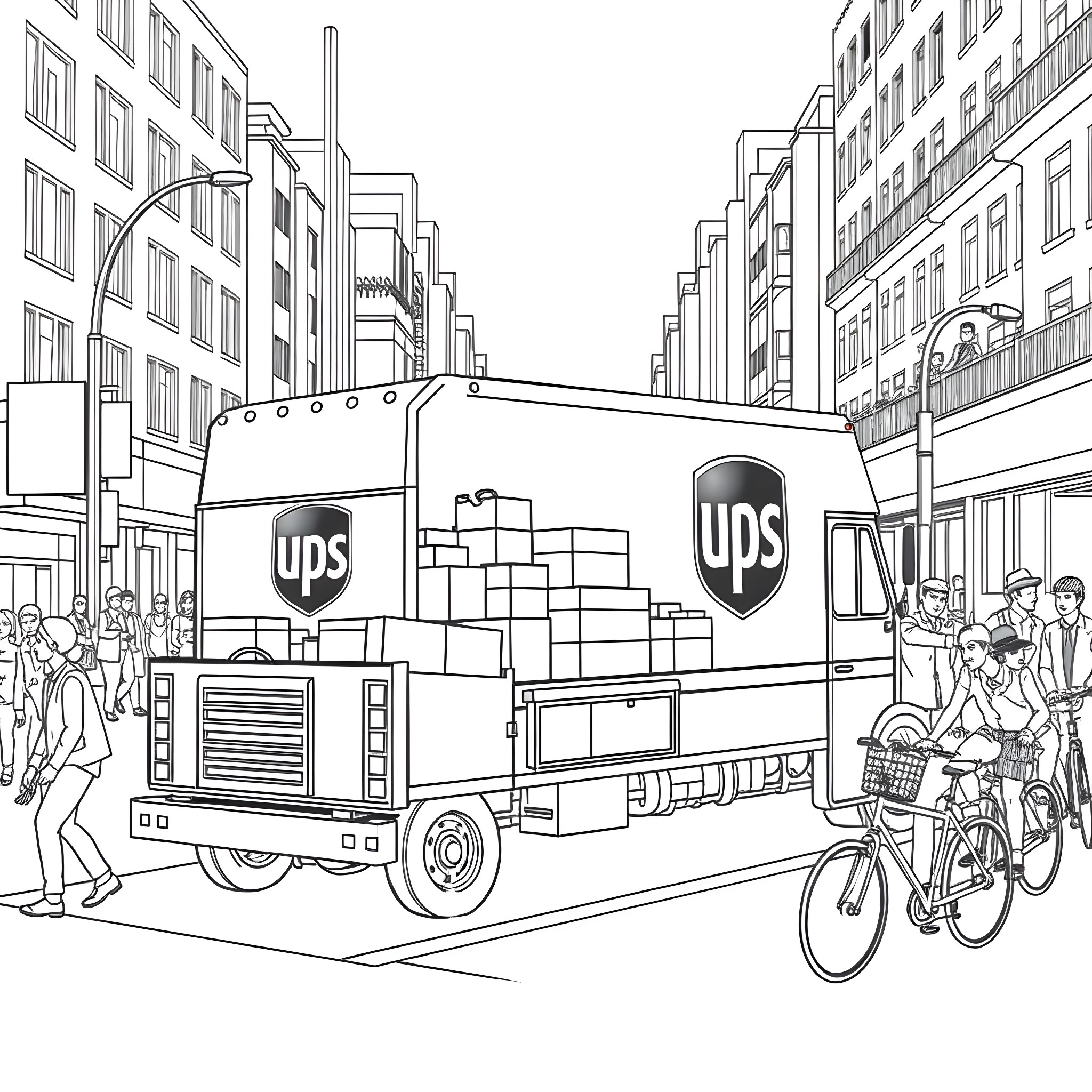 UPS Truck delivering packages in a busy city street Coloring Page (free black-and-white line drawing printable PDF for all, from beginners to advanced learners, including children, teens, adults, and seniors)