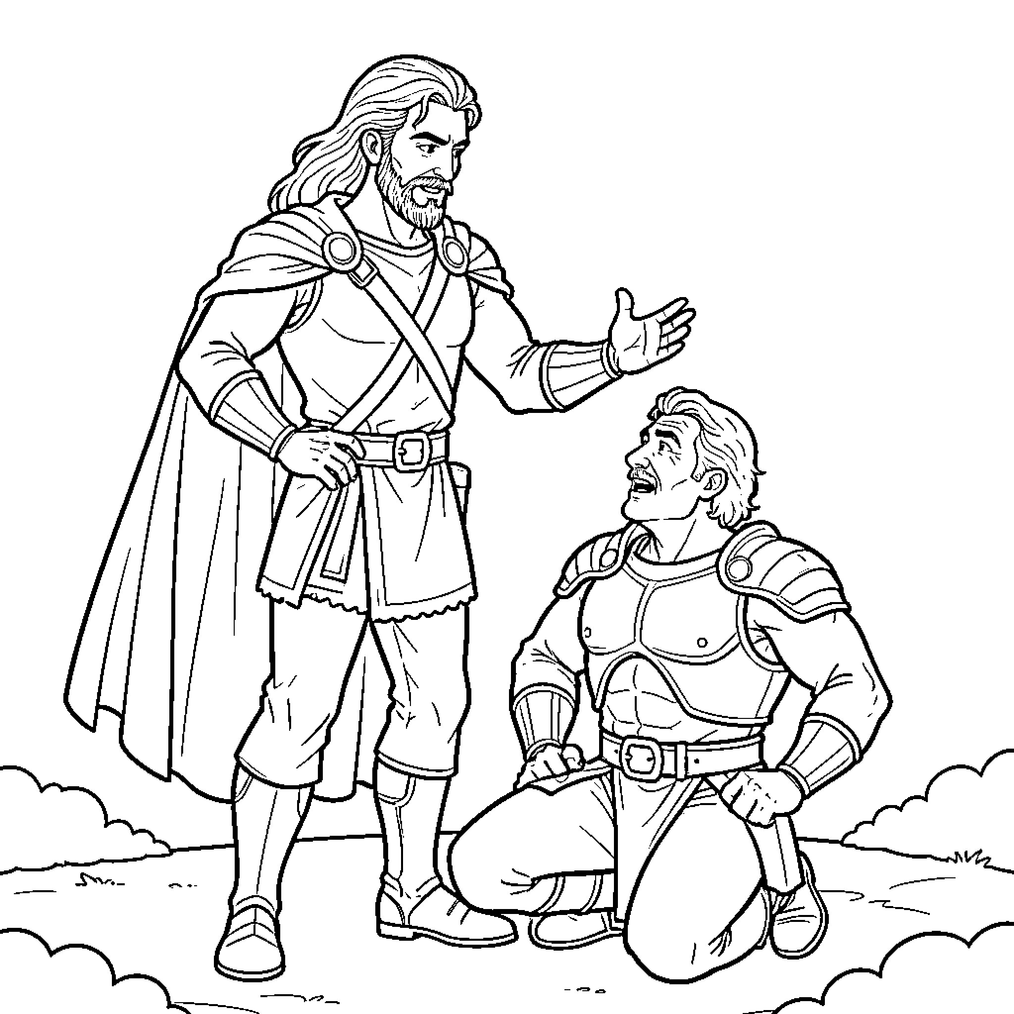 Santiago's Mentorship: A Wise Warrior Guides a Younger Soldier Coloring Page (free black-and-white line drawing printable PDF for all, from beginners to advanced learners, including children, teens, adults, and seniors)