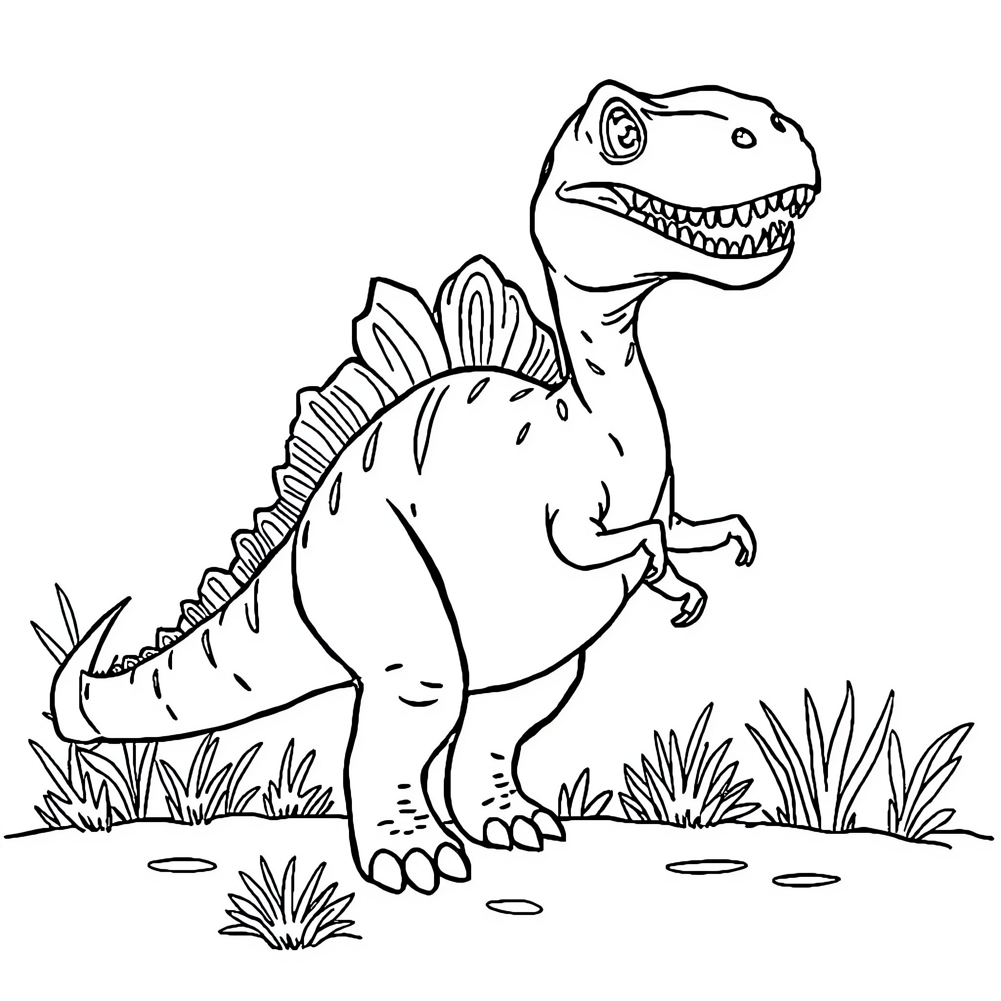 Dinosaur stomping in the grass Coloring Page (free black-and-white line drawing printable PDF for all, from beginners to advanced learners, including children, teens, adults, and seniors)