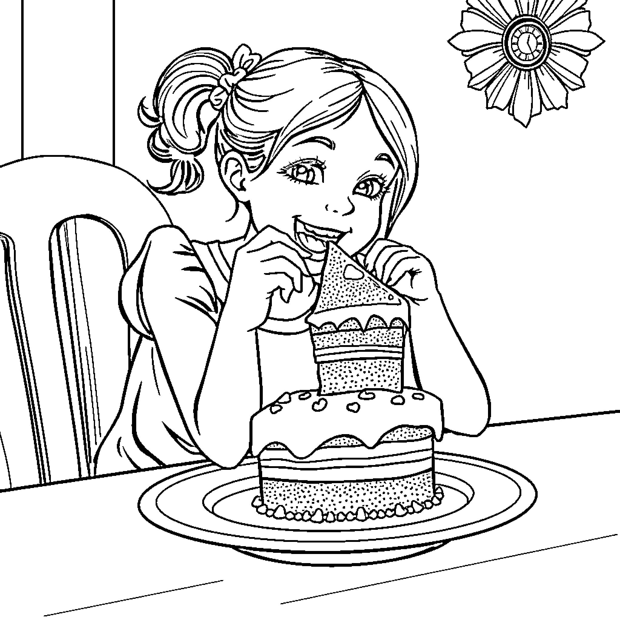 Girl enjoying a birthday cake Coloring Page (free black-and-white line drawing printable PDF for all, from beginners to advanced learners, including children, teens, adults, and seniors)