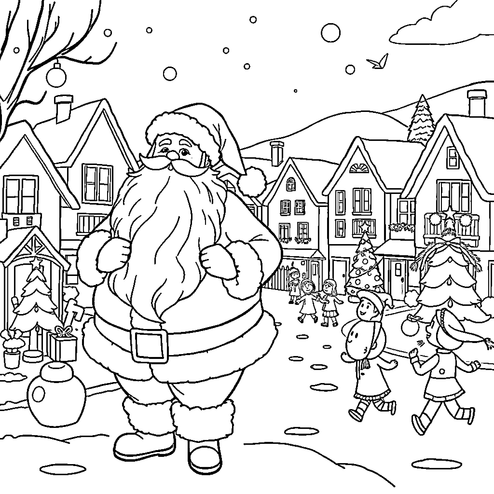Santa strolling through a snowy winter town Coloring Page (free black-and-white line drawing printable PDF for all, from beginners to advanced learners, including children, teens, adults, and seniors)