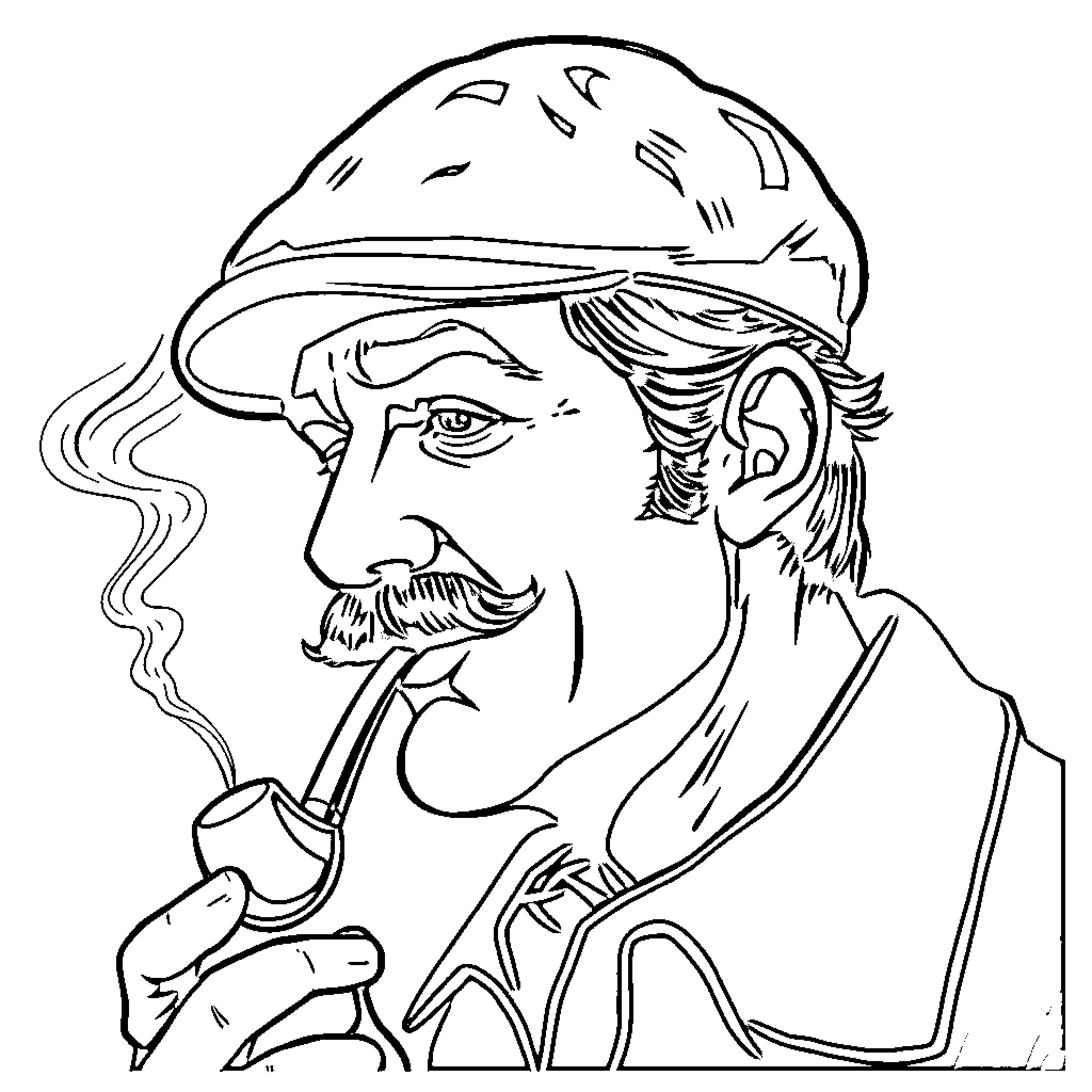 Man wearing hard hat and smoking Coloring Page (free black-and-white line drawing printable PDF for all, from beginners to advanced learners, including children, teens, adults, and seniors)