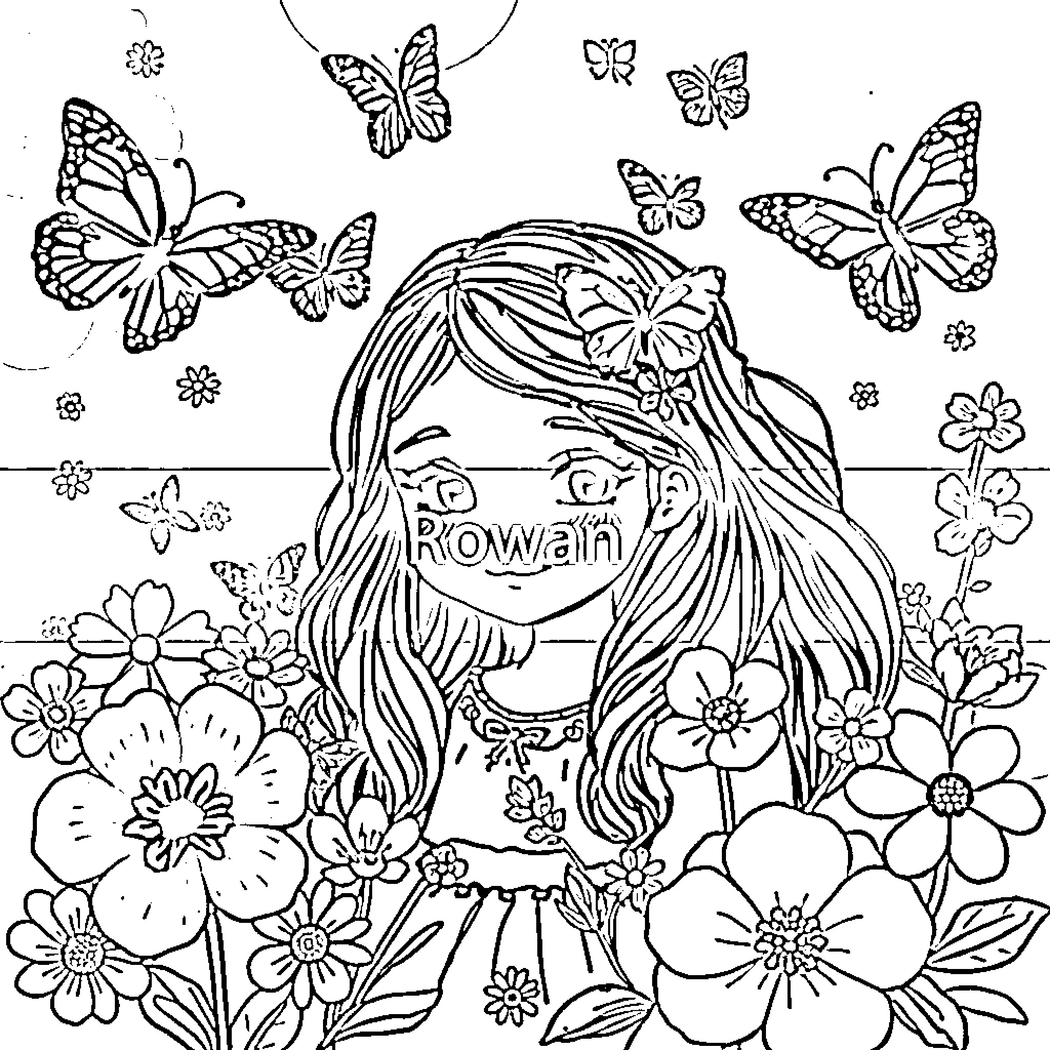Rowan playing with butterflies in a floral setting Coloring Page (free black-and-white line drawing printable PDF for all, from beginners to advanced learners, including children, teens, adults, and seniors)