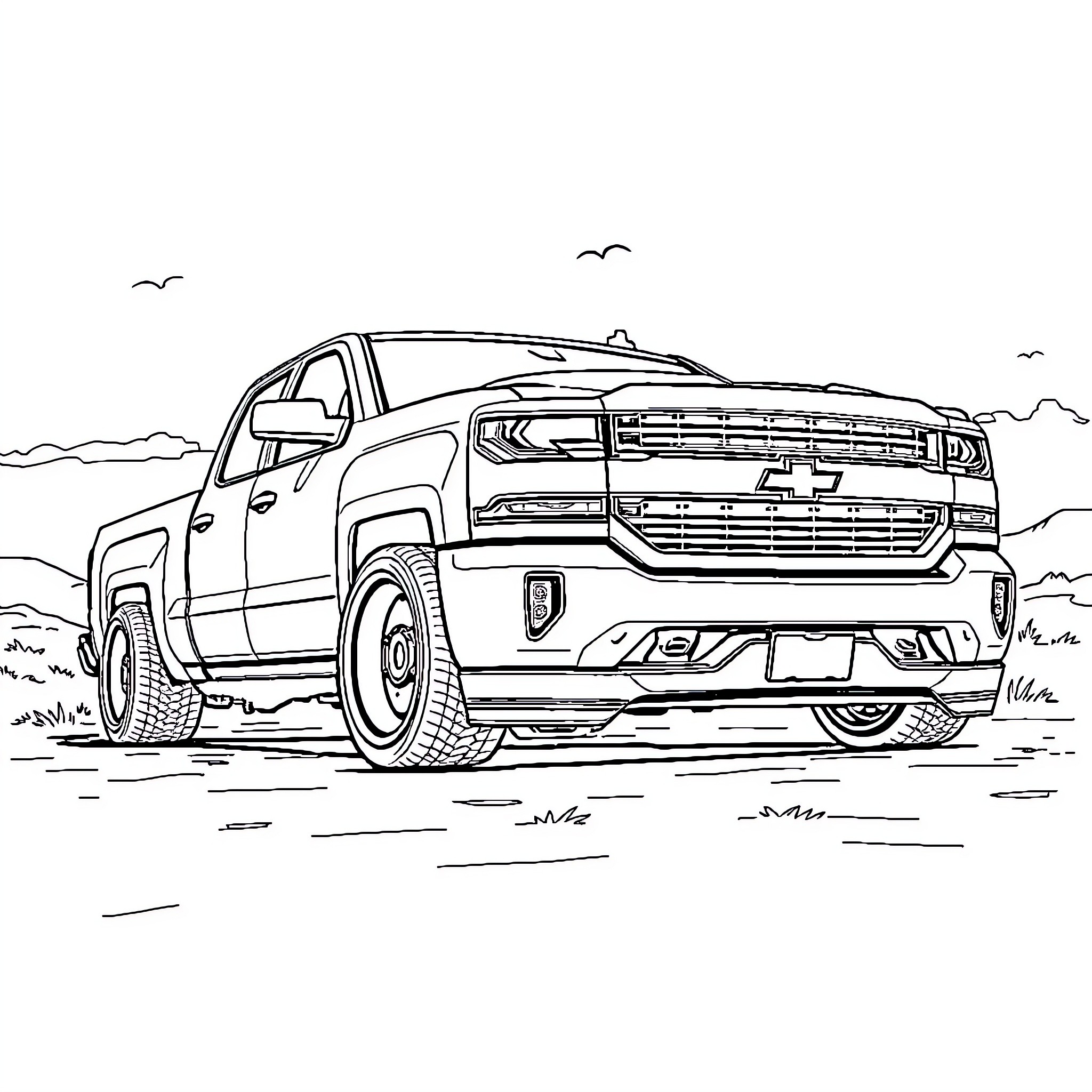 Silverado Pickup Truck in Rugged Outdoor Scene Coloring Page (free black-and-white line drawing printable PDF for all, from beginners to advanced learners, including children, teens, adults, and seniors)