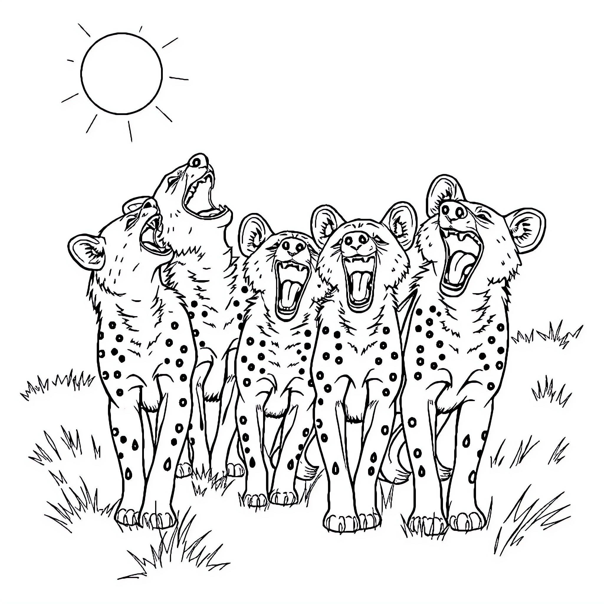 Hyena pack roaring and prowling in the sun Coloring Page (free black-and-white line drawing printable PDF for all, from beginners to advanced learners, including children, teens, adults, and seniors)