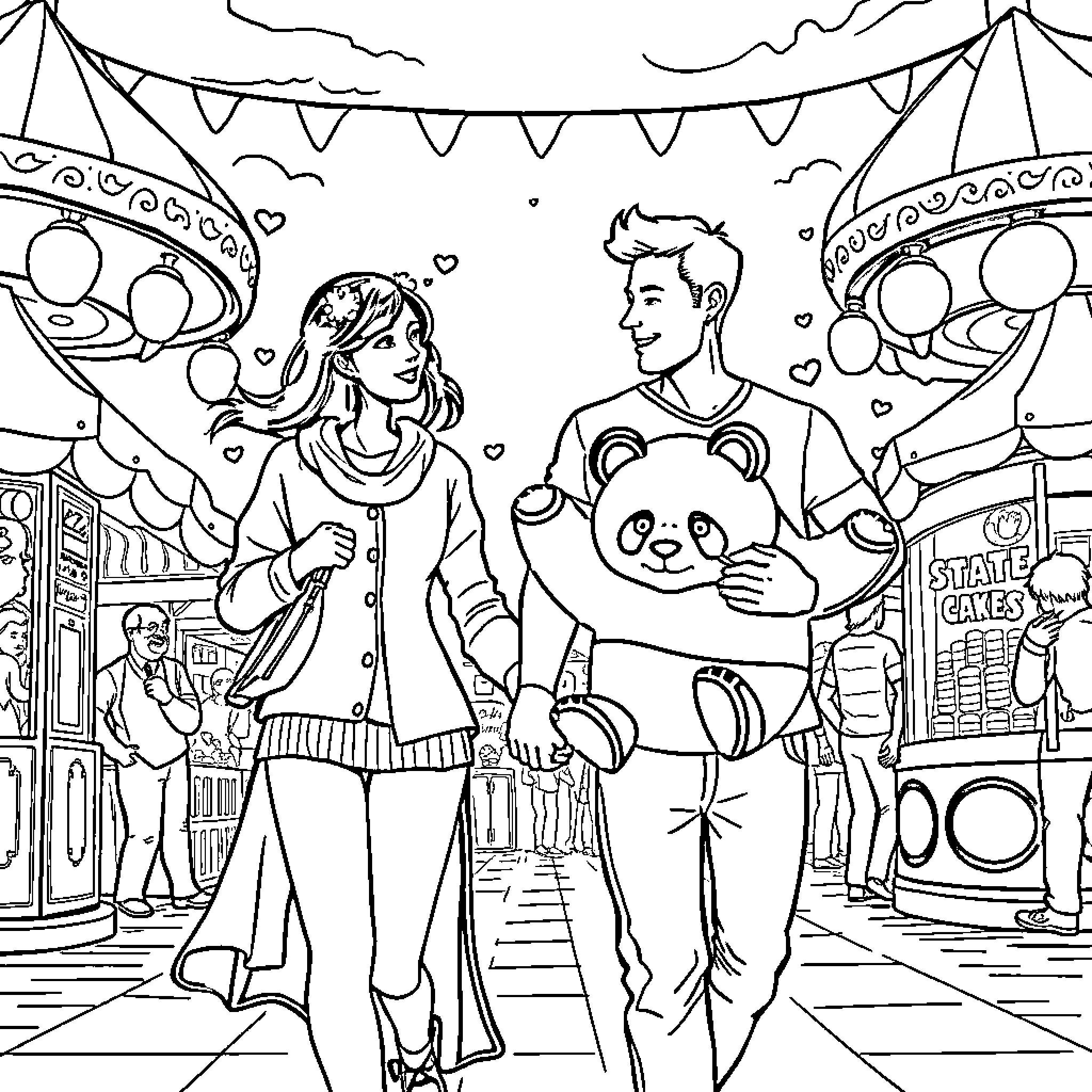 Couple enjoying carnival festivities together Coloring Page (free black-and-white line drawing printable PDF for all, from beginners to advanced learners, including children, teens, adults, and seniors)