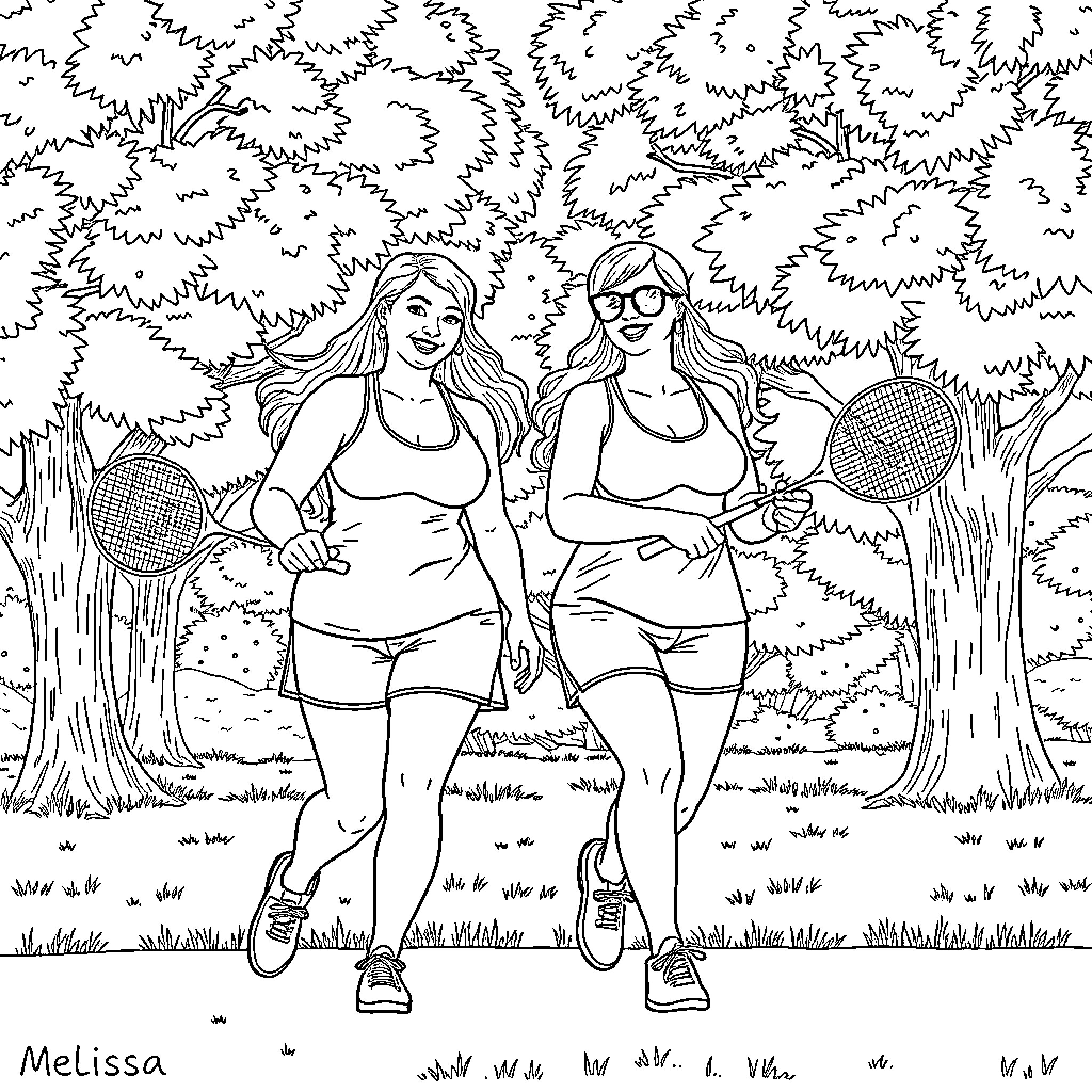 Woman enjoying nature with friend Coloring Page (free black-and-white line drawing printable PDF for all, from beginners to advanced learners, including children, teens, adults, and seniors)