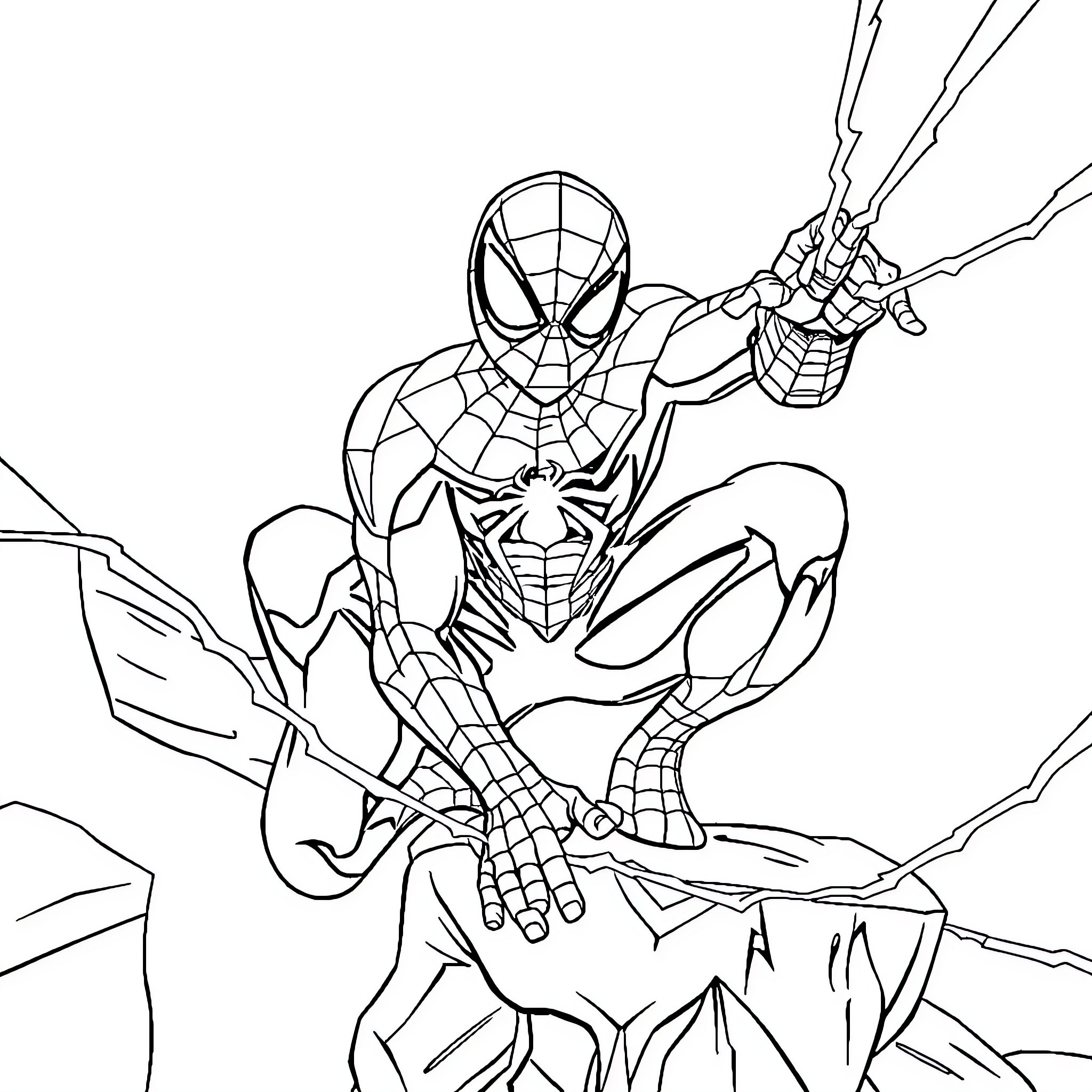 Spider-Man Swinging into Action Coloring Page (free black-and-white line drawing printable PDF for all, from beginners to advanced learners, including children, teens, adults, and seniors)