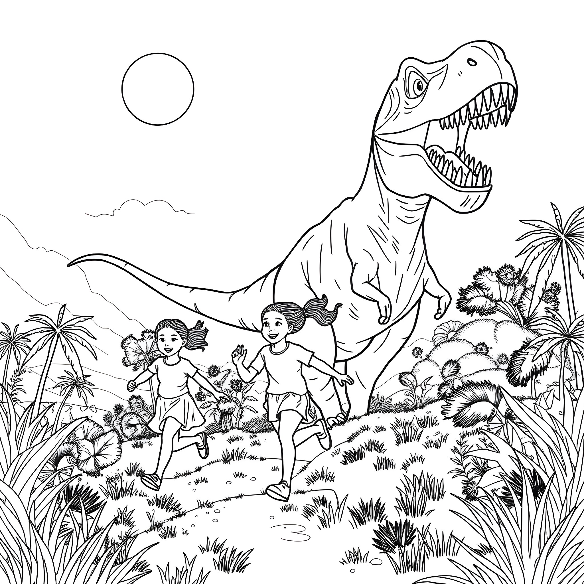 Sister's Prehistoric Adventure Coloring Page (free black-and-white line drawing printable PDF for all, from beginners to advanced learners, including children, teens, adults, and seniors)