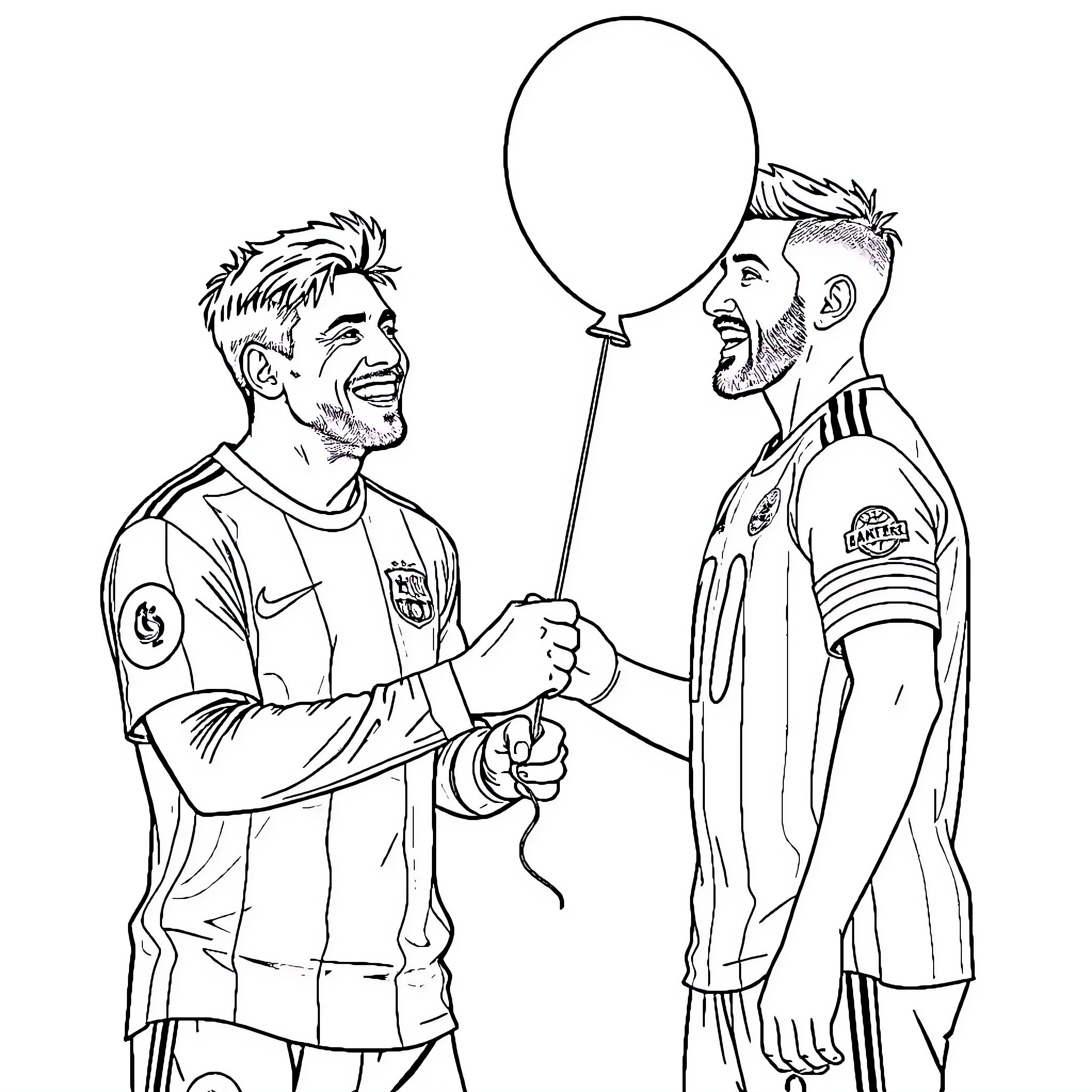 Messi sharing joyful moments with teammate Coloring Page (free black-and-white line drawing printable PDF for all, from beginners to advanced learners, including children, teens, adults, and seniors)