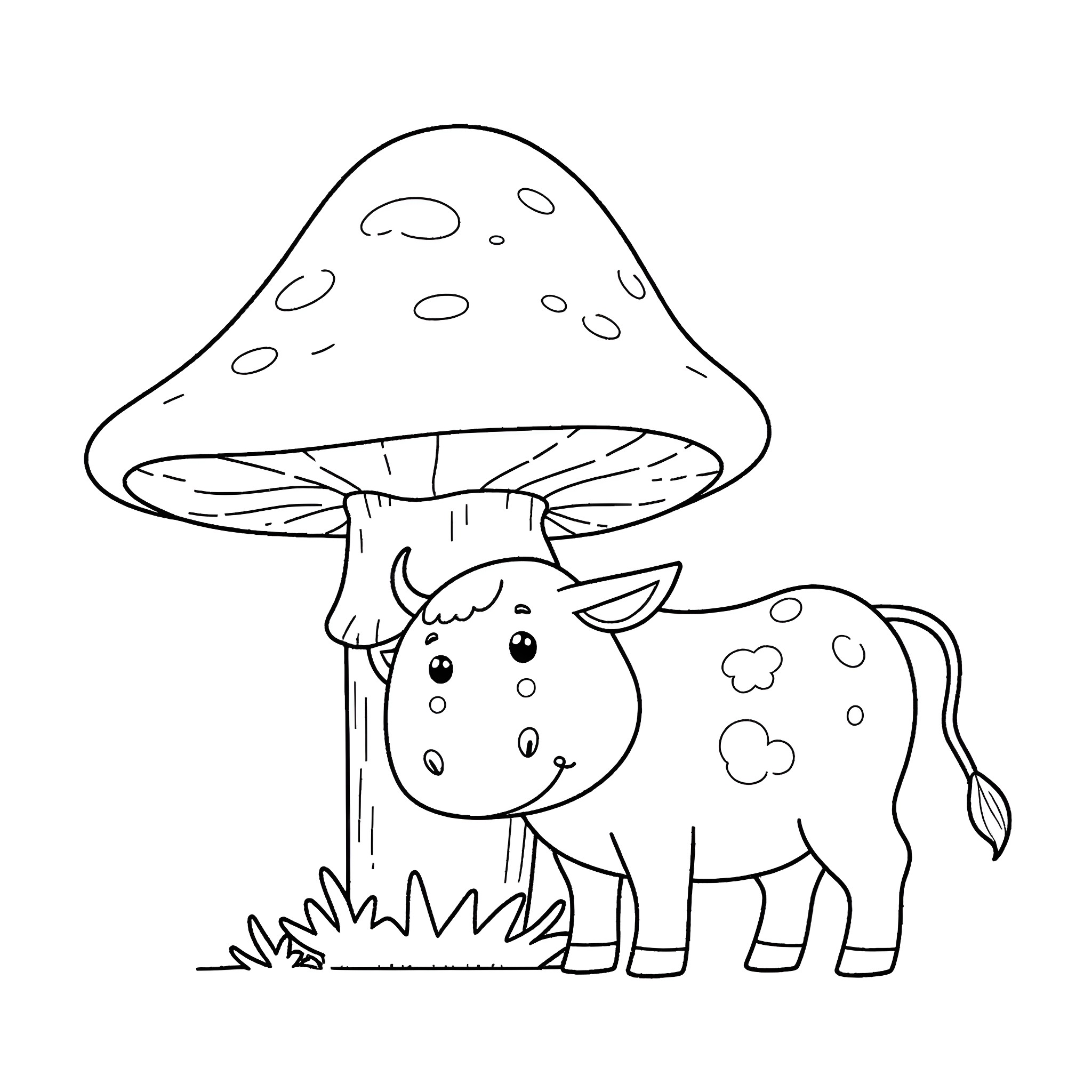 Cow under a giant mushroom Coloring Page (free black-and-white line drawing printable PDF for all, from beginners to advanced learners, including children, teens, adults, and seniors)
