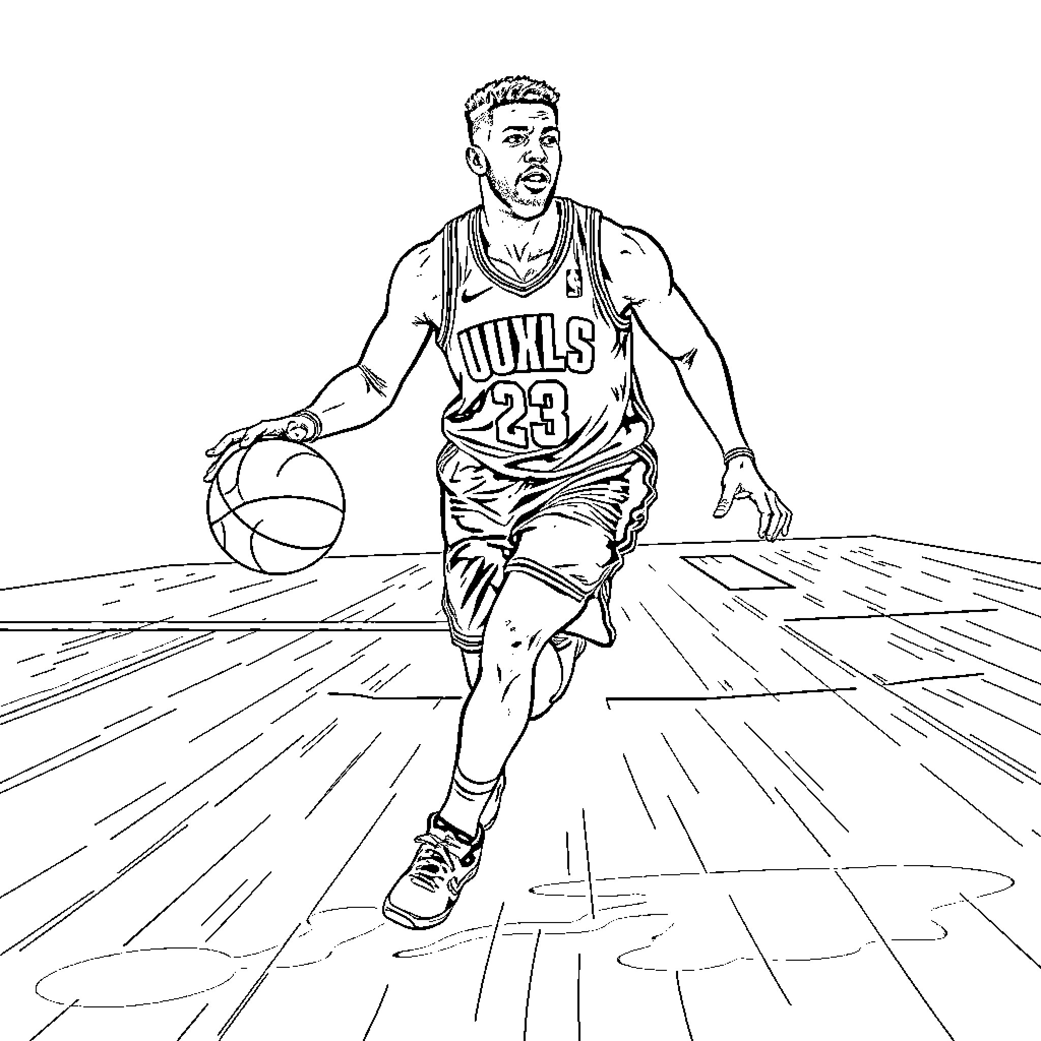 Jayson Tatum playing basketball on the court Coloring Page (free black-and-white line drawing printable PDF for all, from beginners to advanced learners, including children, teens, adults, and seniors)