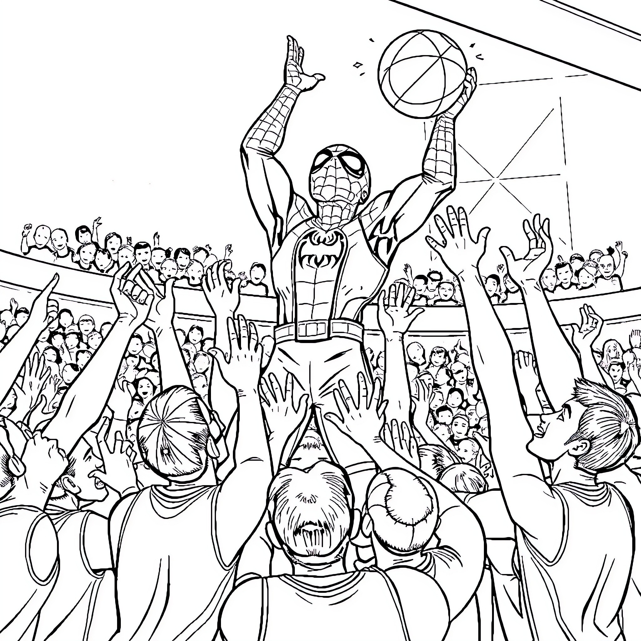 Spiderman leaping and interacting with excited crowd Coloring Page (free black-and-white line drawing printable PDF for all, from beginners to advanced learners, including children, teens, adults, and seniors)