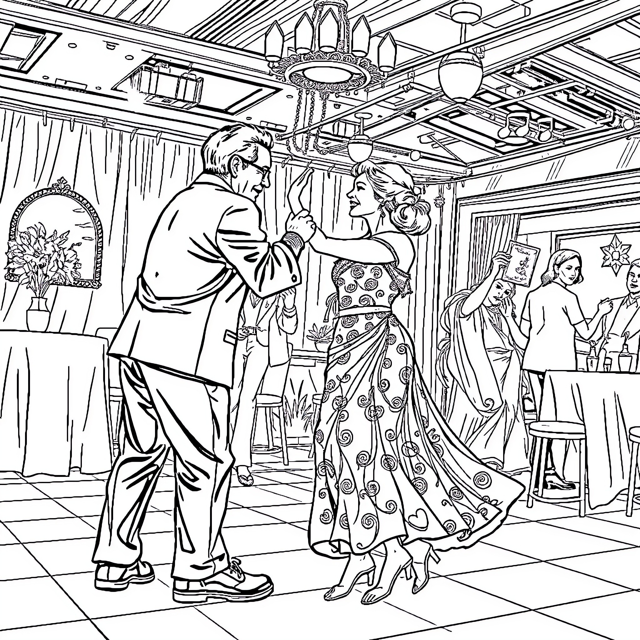 Pareja danzando en una fiesta elegante Coloring Page (free black-and-white line drawing printable PDF for all, from beginners to advanced learners, including children, teens, adults, and seniors)