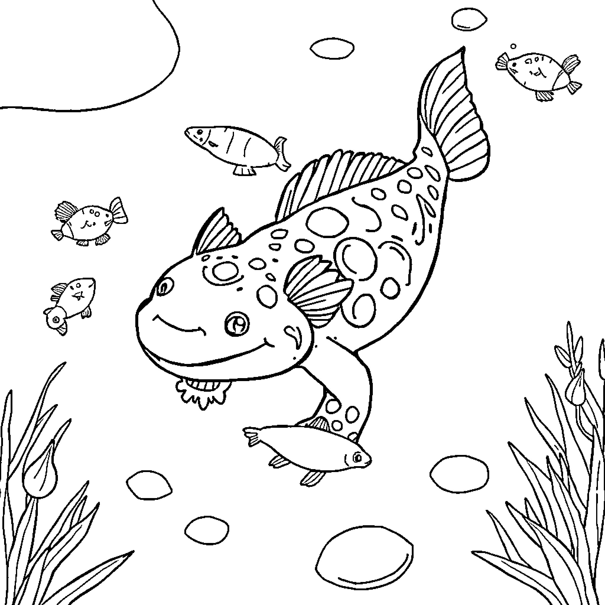 Axolotl swimming playfully with smaller fish Coloring Page (free black-and-white line drawing printable PDF for all, from beginners to advanced learners, including children, teens, adults, and seniors)
