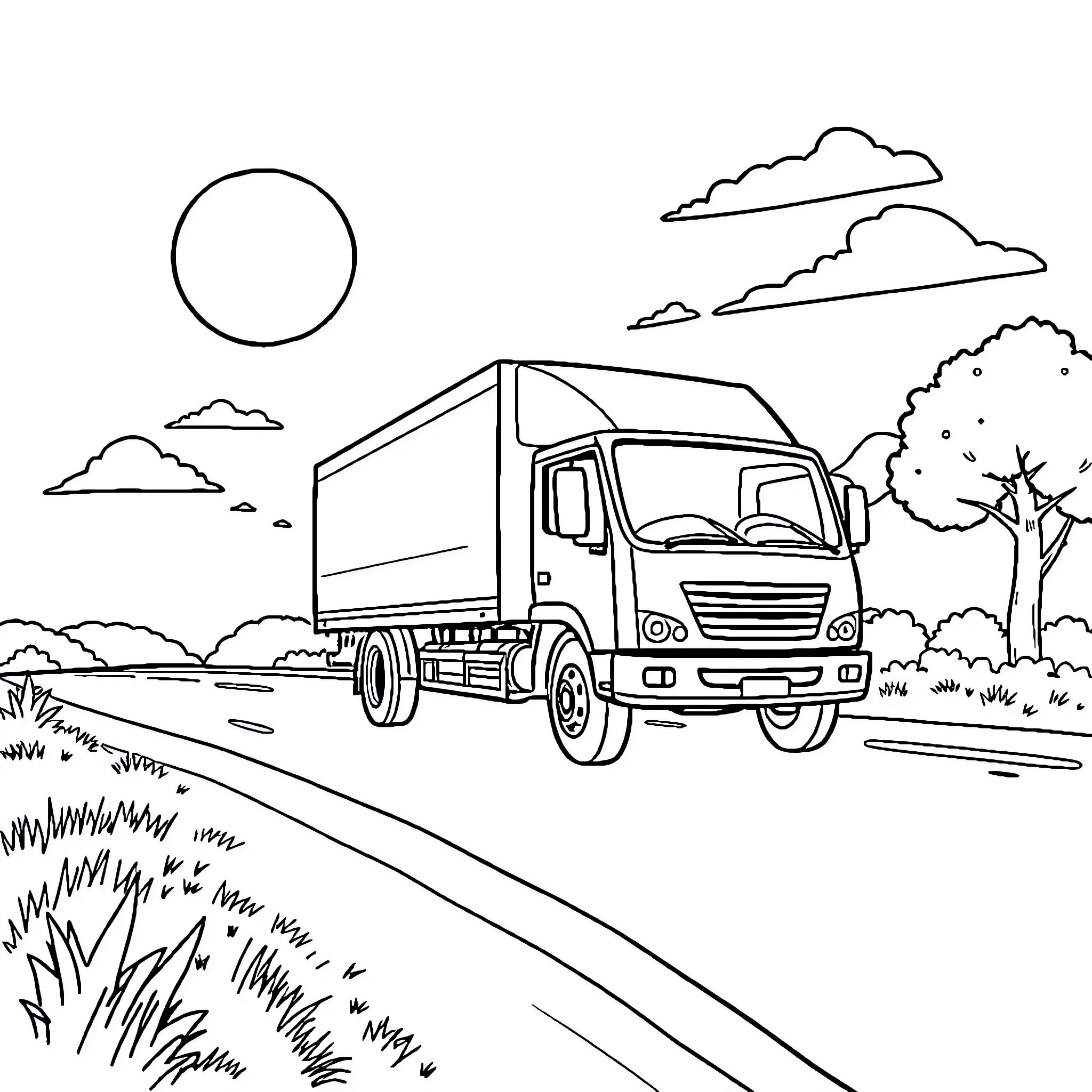 Carton Truck Driving on Scenic Rural Road Coloring Page (free black-and-white line drawing printable PDF for all, from beginners to advanced learners, including children, teens, adults, and seniors)