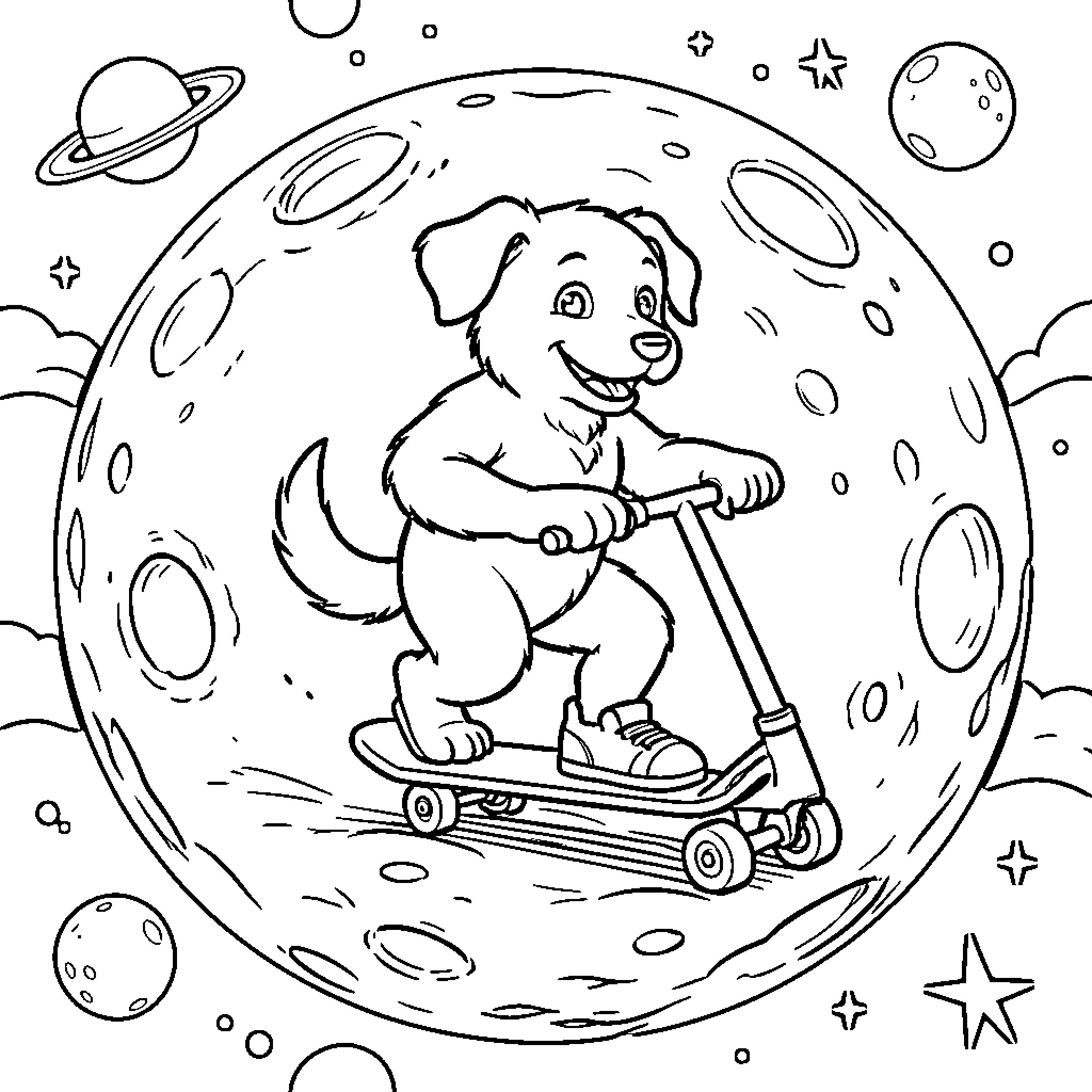 Perro riding scooter on the moon Coloring Page (free black-and-white line drawing printable PDF for all, from beginners to advanced learners, including children, teens, adults, and seniors)