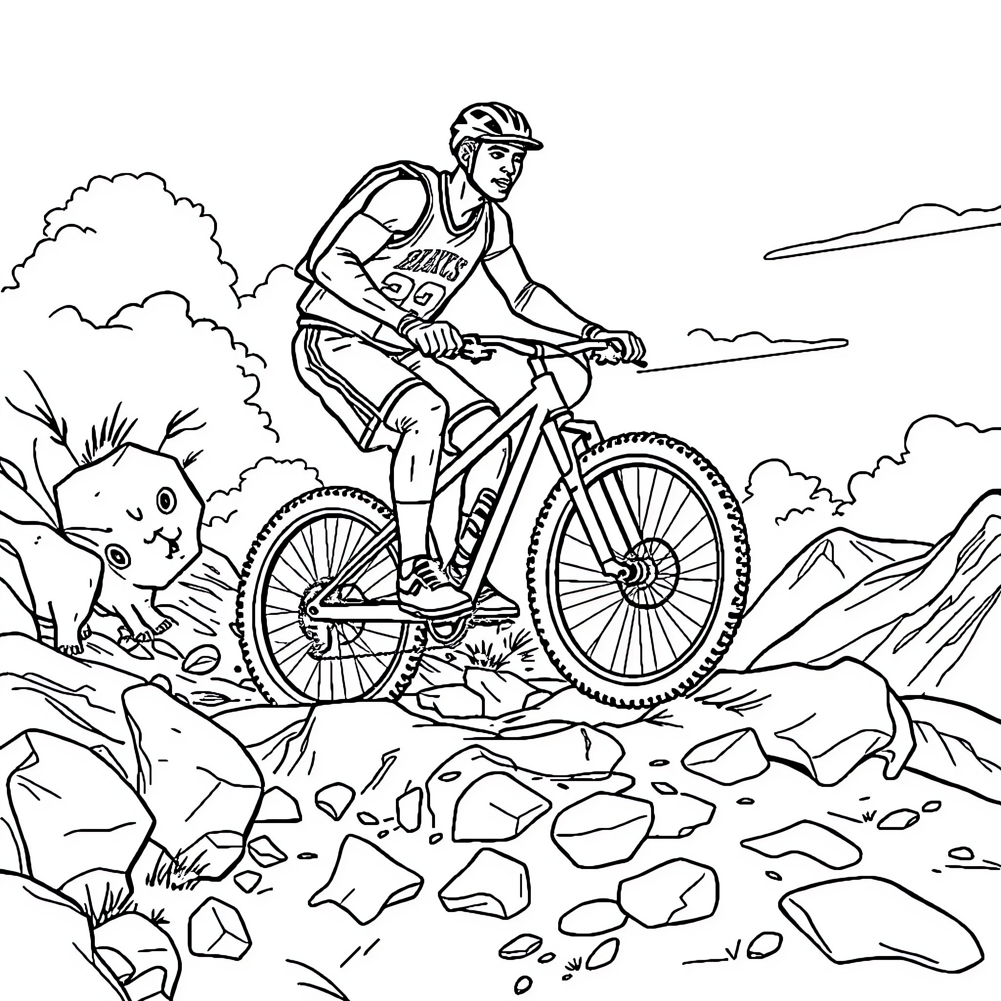 Michael Jordan cycling through a rocky mountainous landscape Coloring Page (free black-and-white line drawing printable PDF for all, from beginners to advanced learners, including children, teens, adults, and seniors)