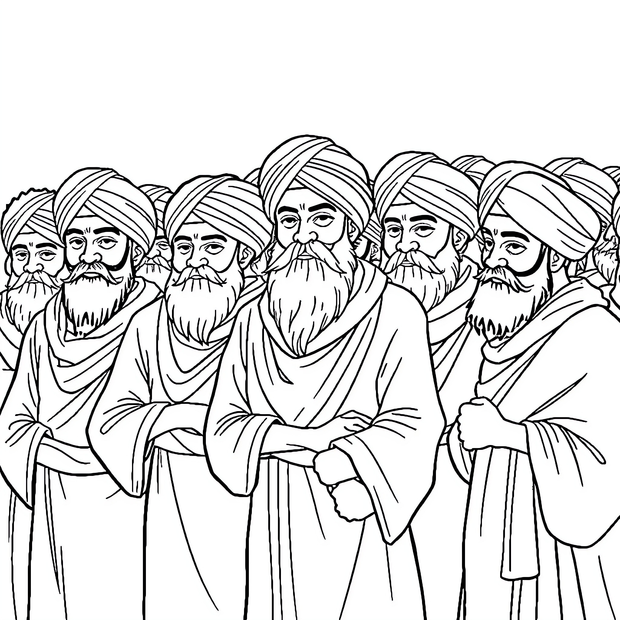 Khalsa gathering of men in traditional attire Coloring Page (free black-and-white line drawing printable PDF for all, from beginners to advanced learners, including children, teens, adults, and seniors)