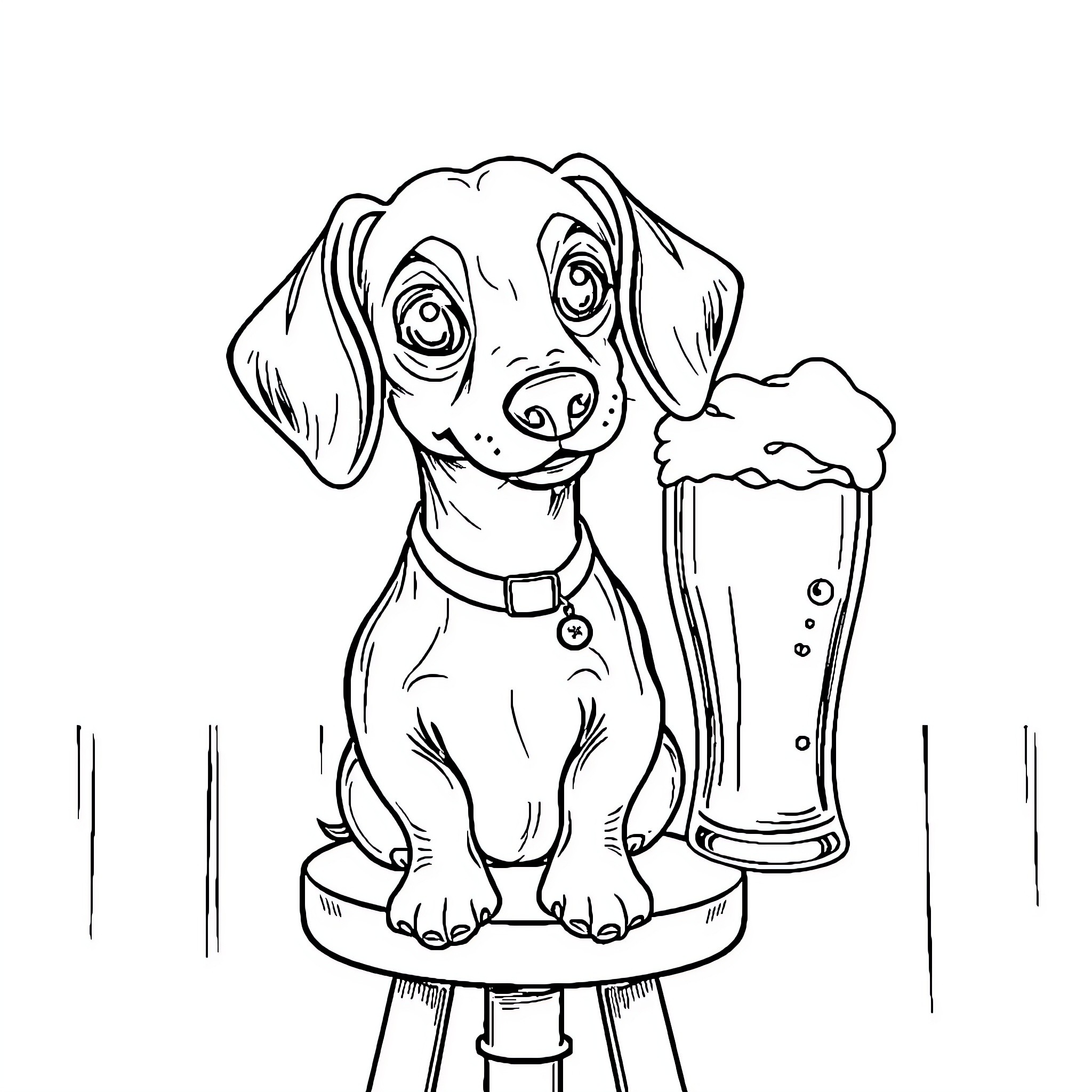 Dachshund enjoying a cold refreshment Coloring Page (free black-and-white line drawing printable PDF for all, from beginners to advanced learners, including children, teens, adults, and seniors)
