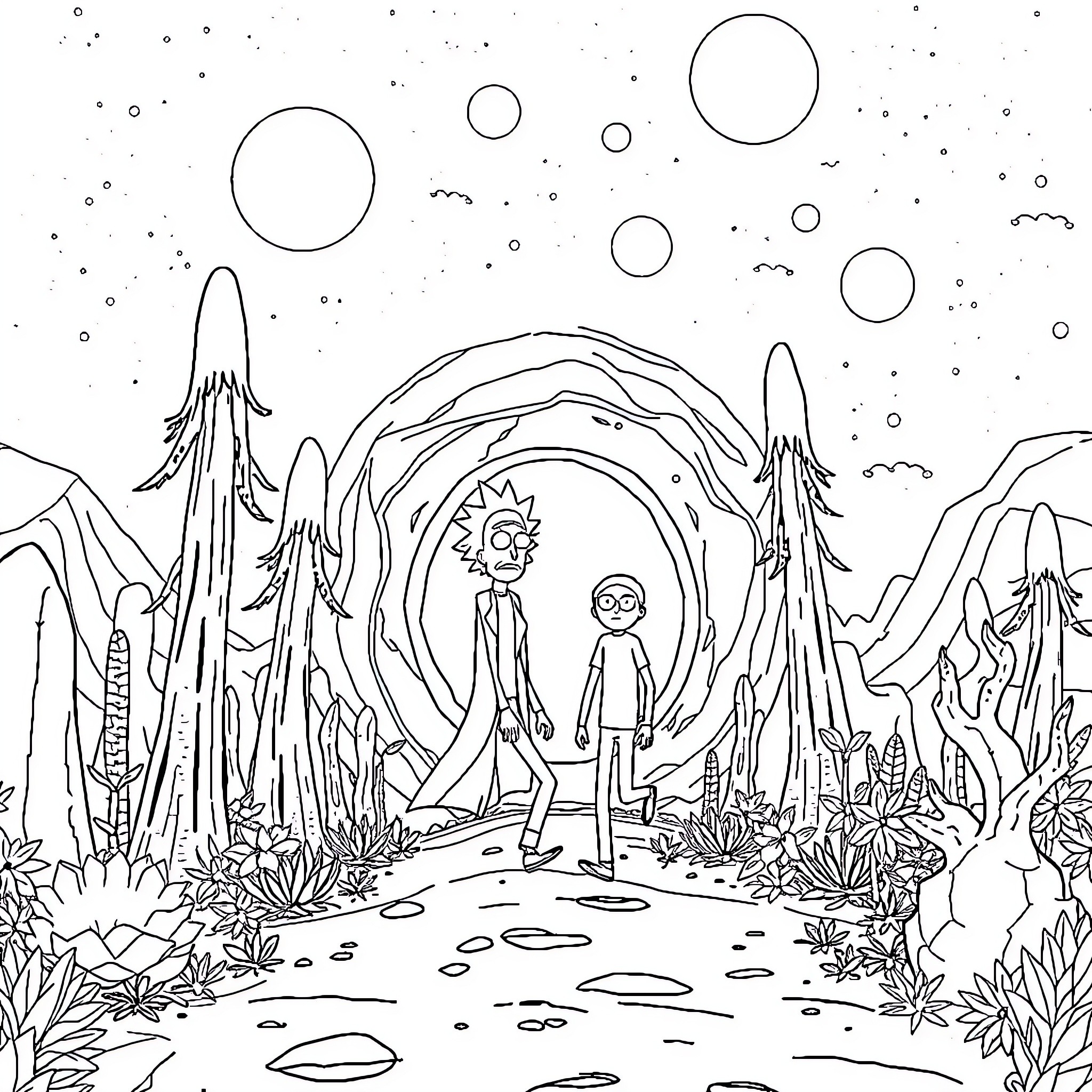 Rick And Morty's Intergalactic Adventure Coloring Page (free black-and-white line drawing printable PDF for all, from beginners to advanced learners, including children, teens, adults, and seniors)