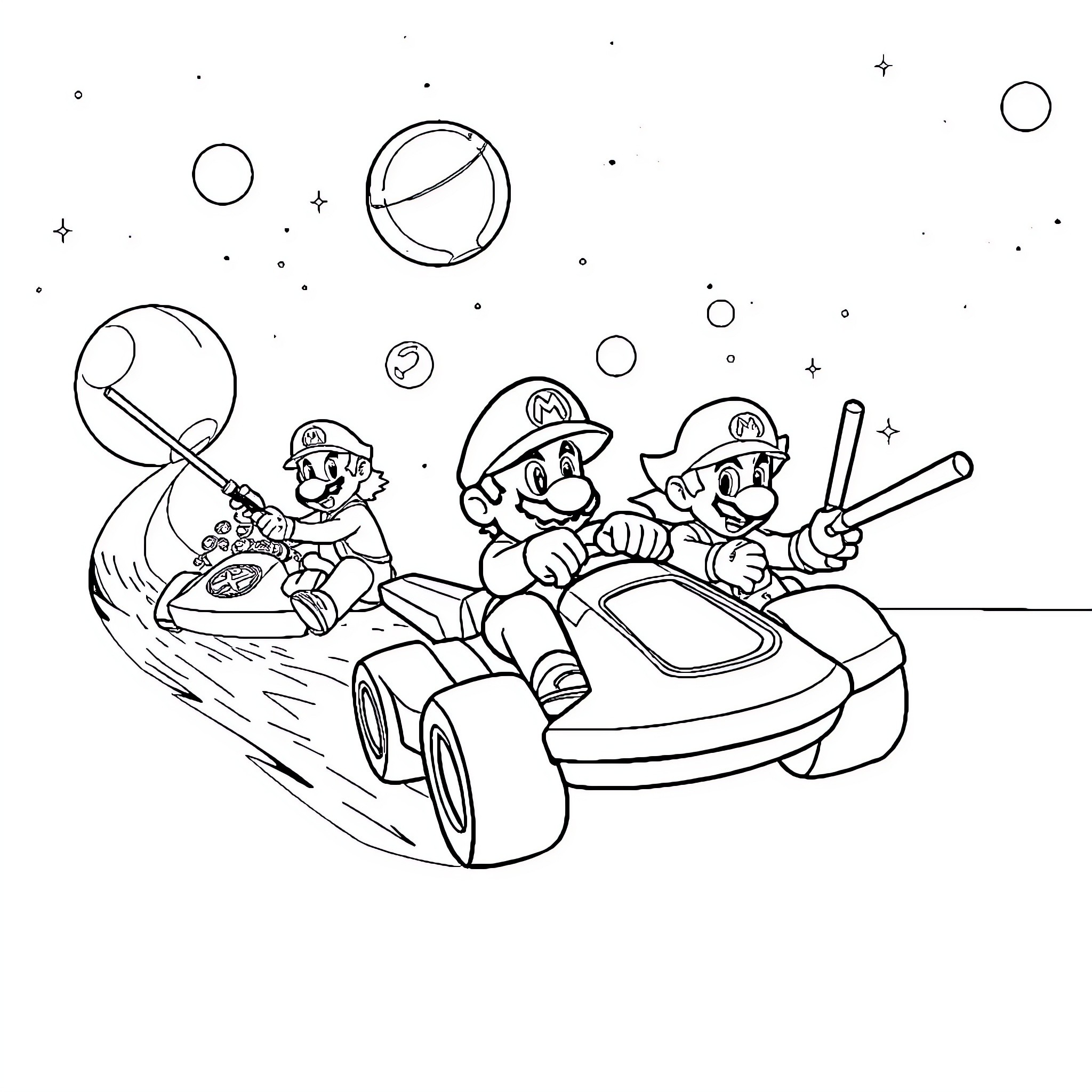 Star Wars Mario racing through the galaxy Coloring Page (free black-and-white line drawing printable PDF for all, from beginners to advanced learners, including children, teens, adults, and seniors)