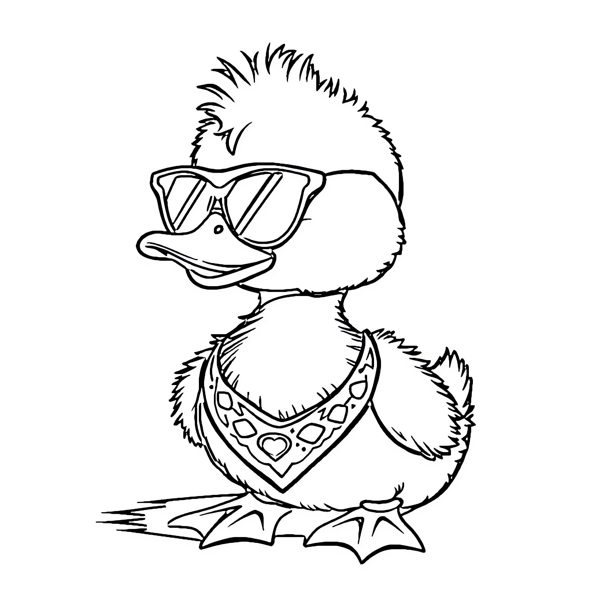 Duck wearing sunglasses and bandana Coloring Page (free black-and-white line drawing printable PDF for all, from beginners to advanced learners, including children, teens, adults, and seniors)