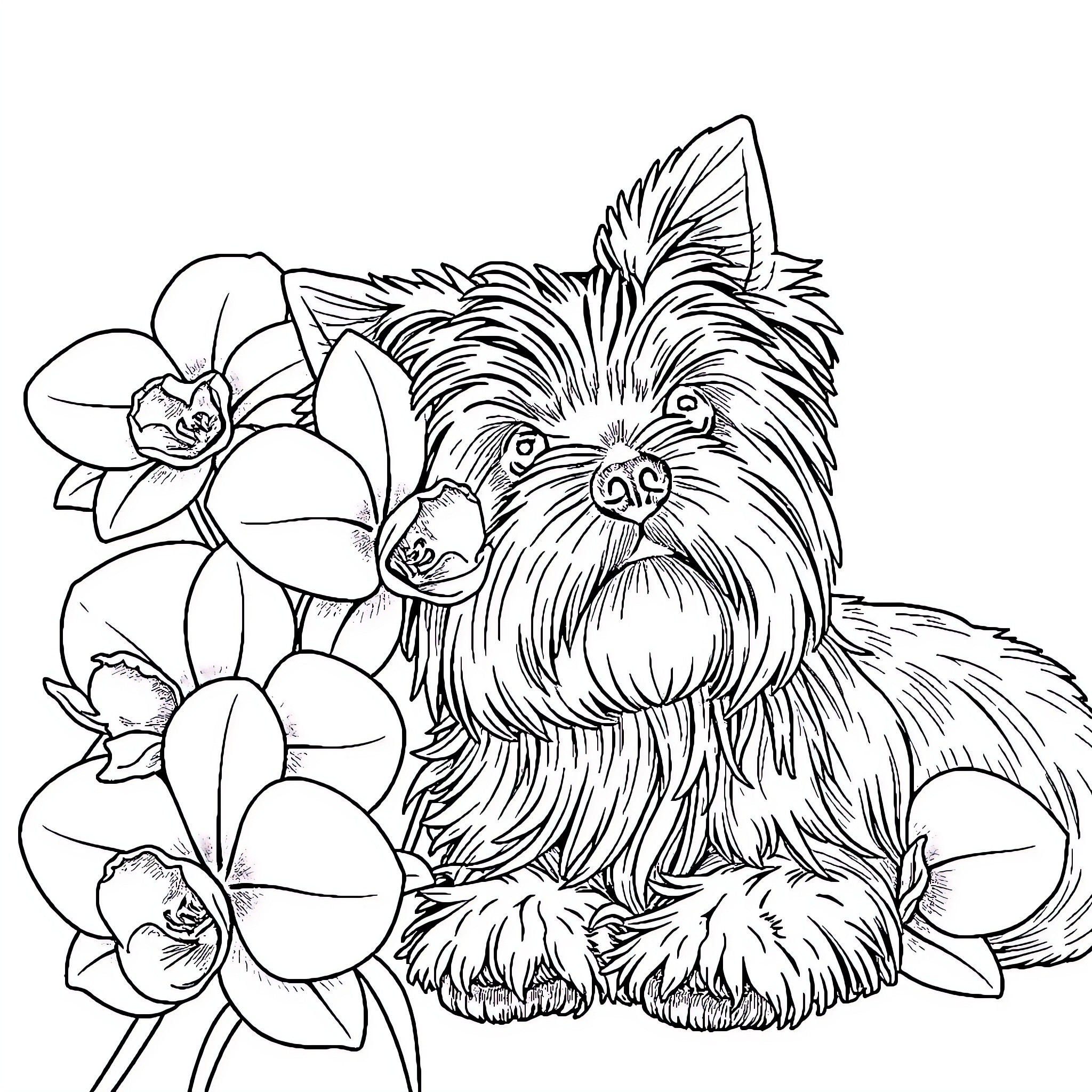 Yorkshire Terrier surrounded by orchid flowers Coloring Page (free black-and-white line drawing printable PDF for all, from beginners to advanced learners, including children, teens, adults, and seniors)