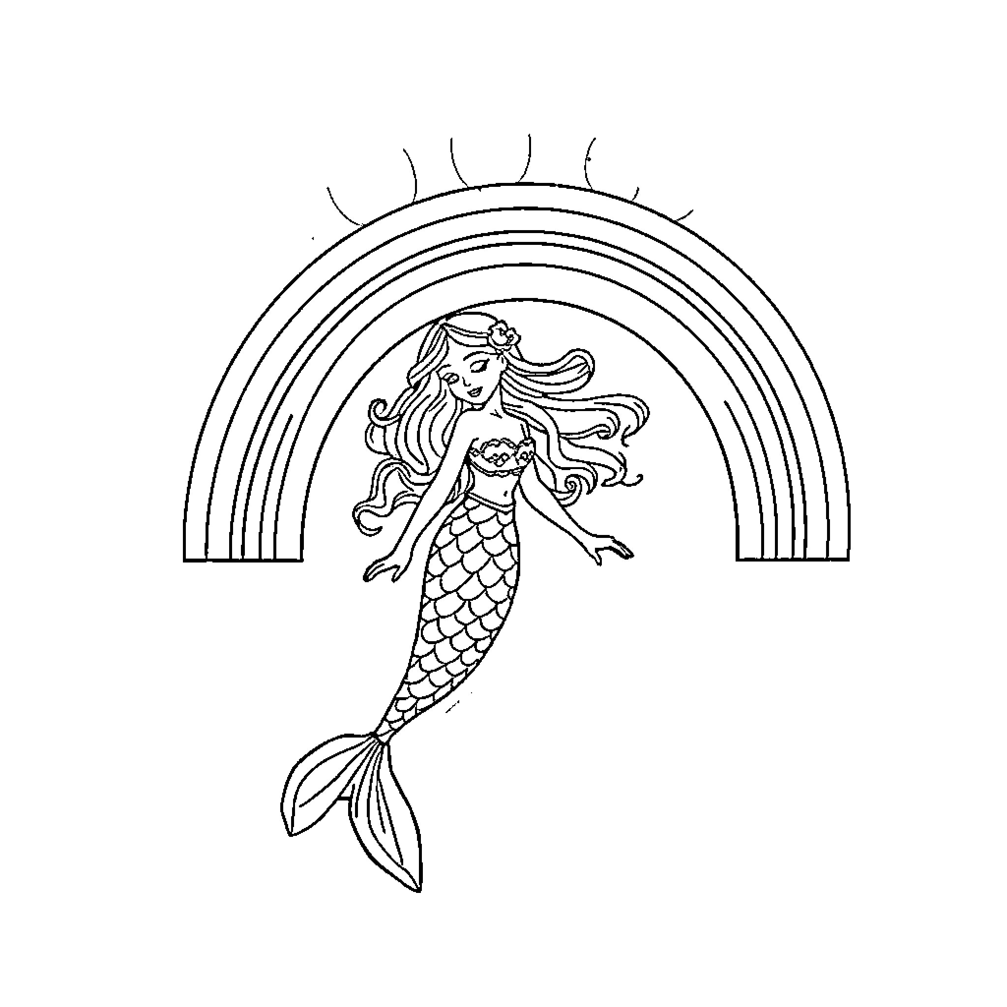 Mermaid swimming under a rainbow Coloring Page (free black-and-white line drawing printable PDF for all, from beginners to advanced learners, including children, teens, adults, and seniors)