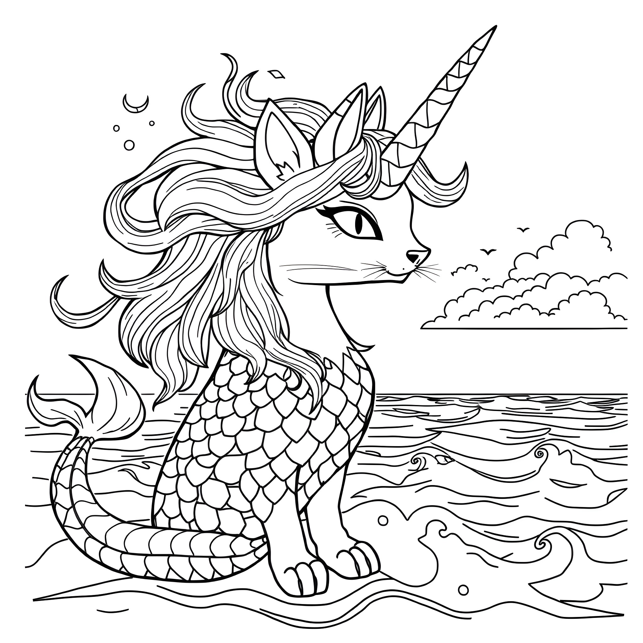 Cat-Siren Unicorn Emerges from Waves Coloring Page (free black-and-white line drawing printable PDF for all, from beginners to advanced learners, including children, teens, adults, and seniors)