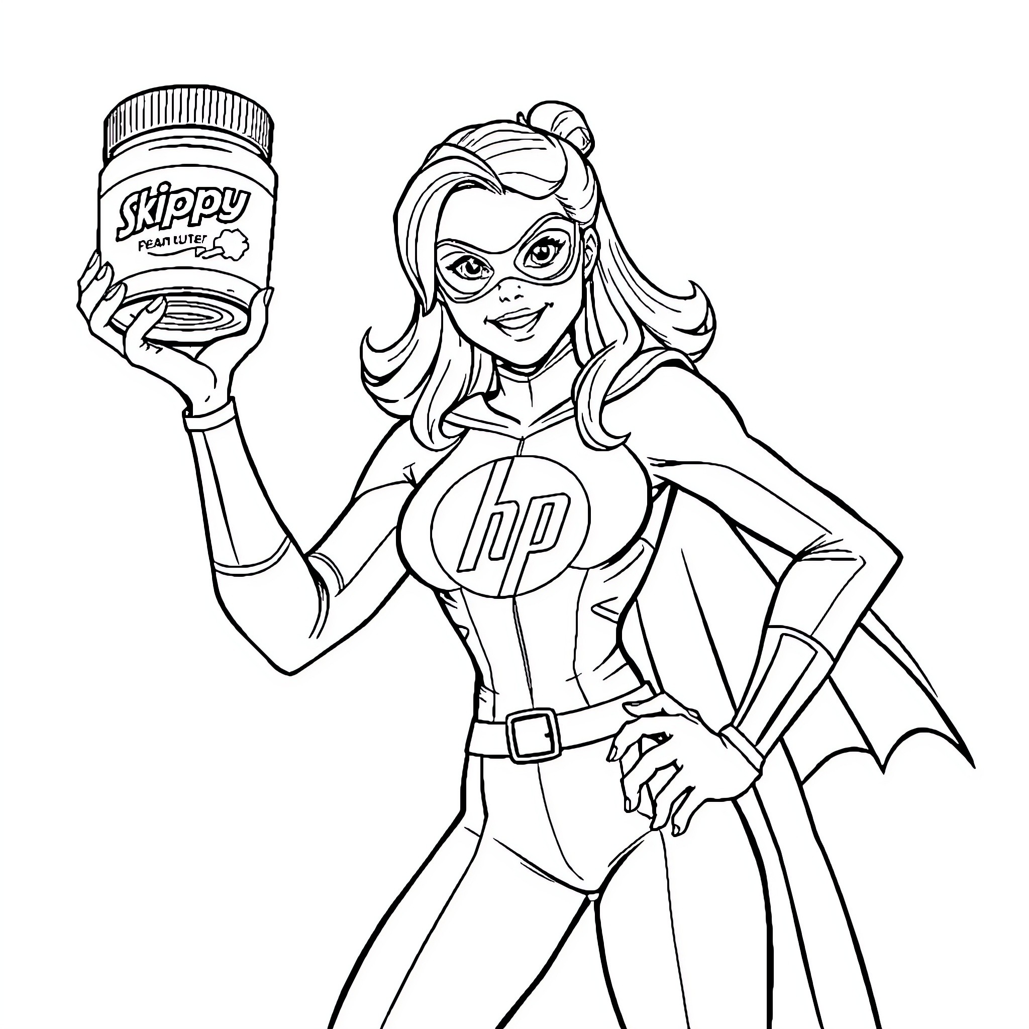 Superhero Heroine Holding Drink Bottle Coloring Page (free black-and-white line drawing printable PDF for all, from beginners to advanced learners, including children, teens, adults, and seniors)