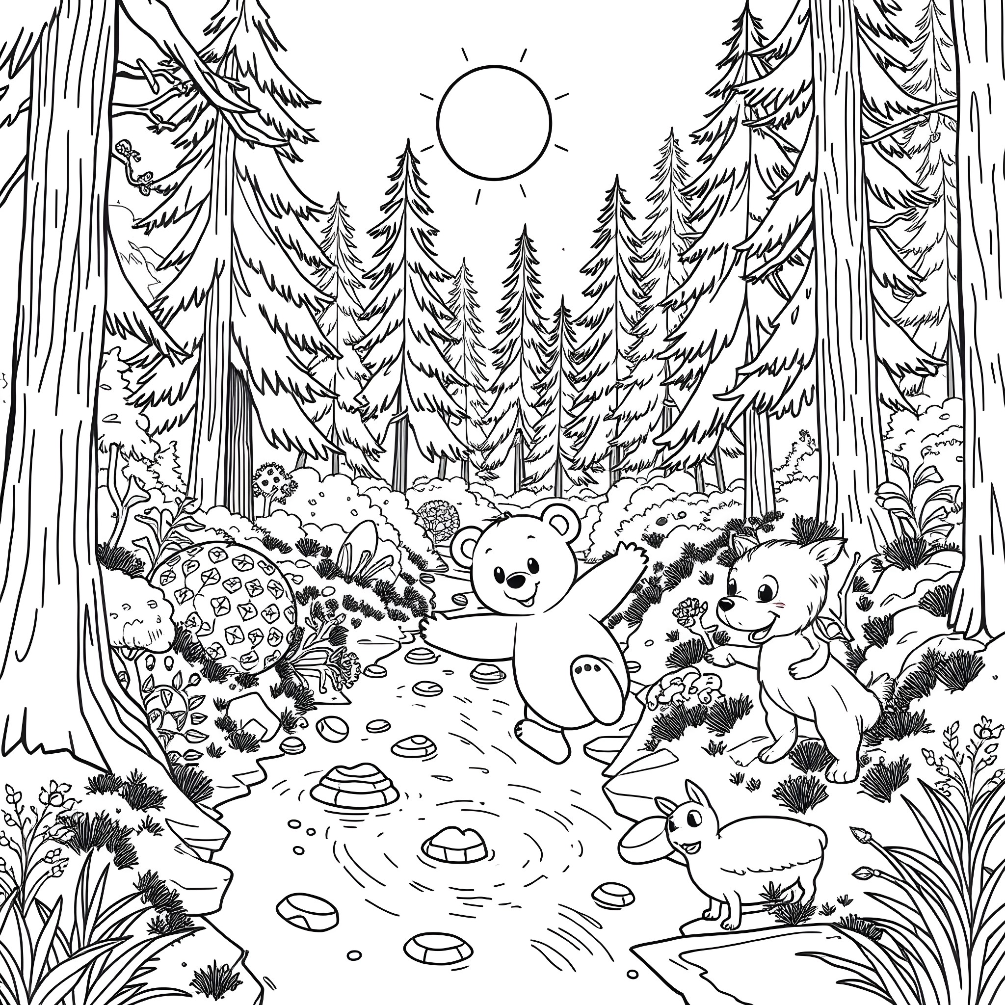 Bear playing with friends in the forest Coloring Page (free black-and-white line drawing printable PDF for all, from beginners to advanced learners, including children, teens, adults, and seniors)