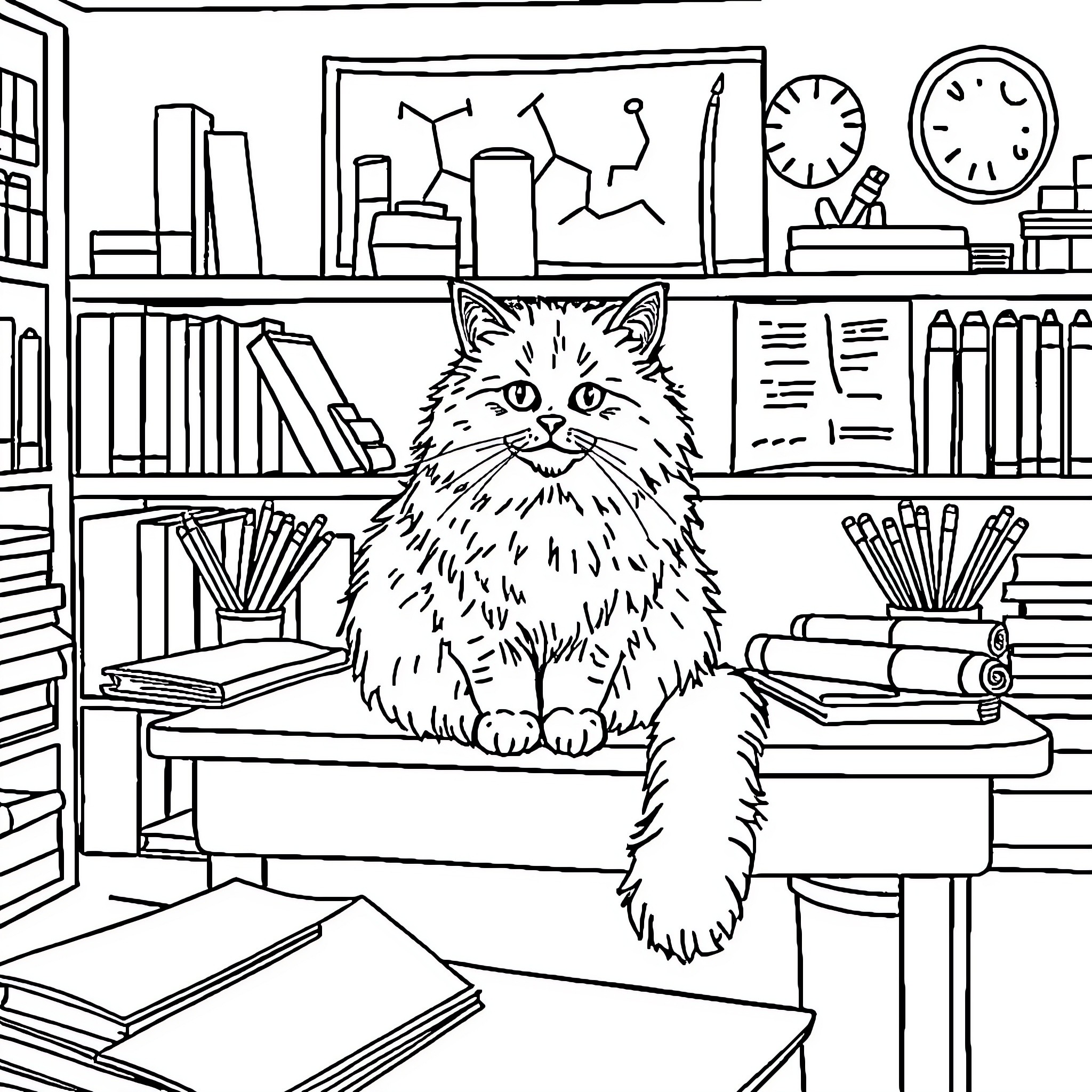Cat sitting on desk in study room Coloring Page (free black-and-white line drawing printable PDF for all, from beginners to advanced learners, including children, teens, adults, and seniors)
