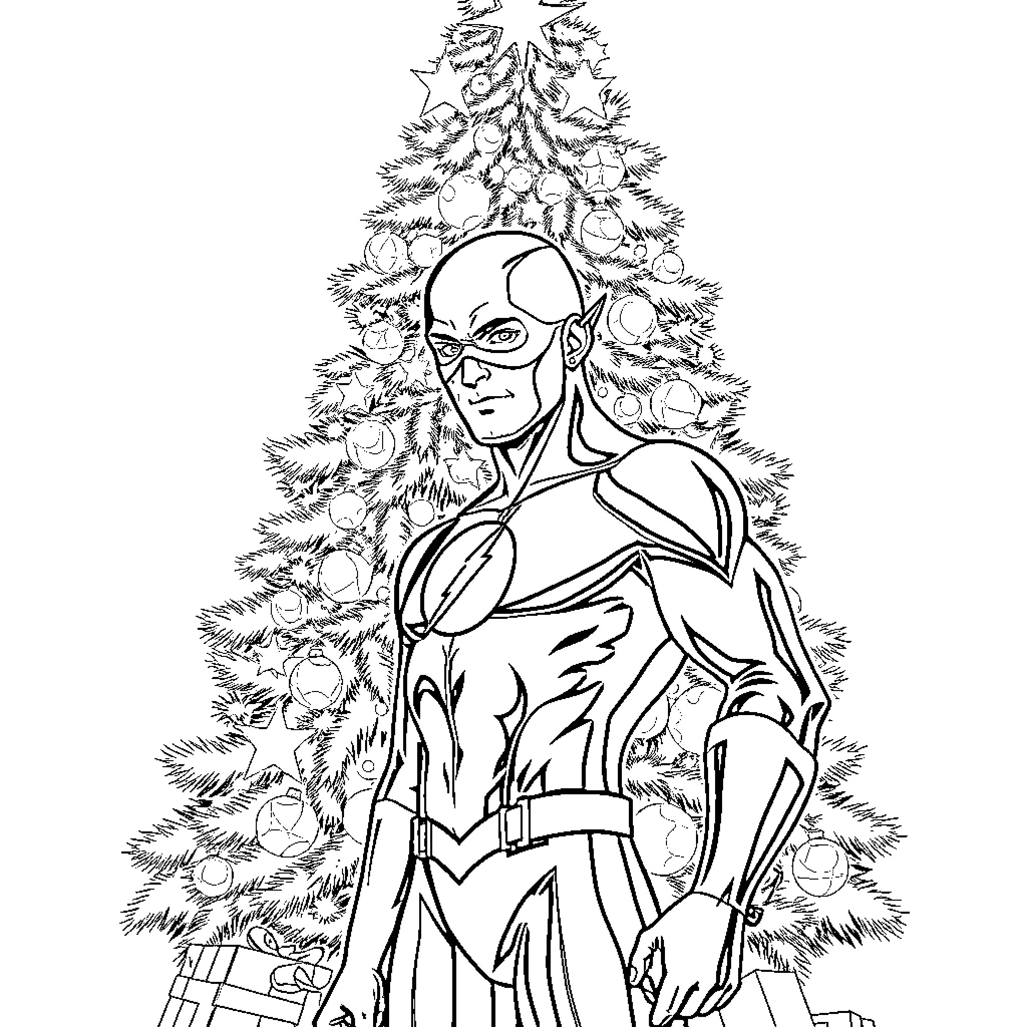 Flash Holiday Cheer with Superhero Coloring Page (free black-and-white line drawing printable PDF for all, from beginners to advanced learners, including children, teens, adults, and seniors)