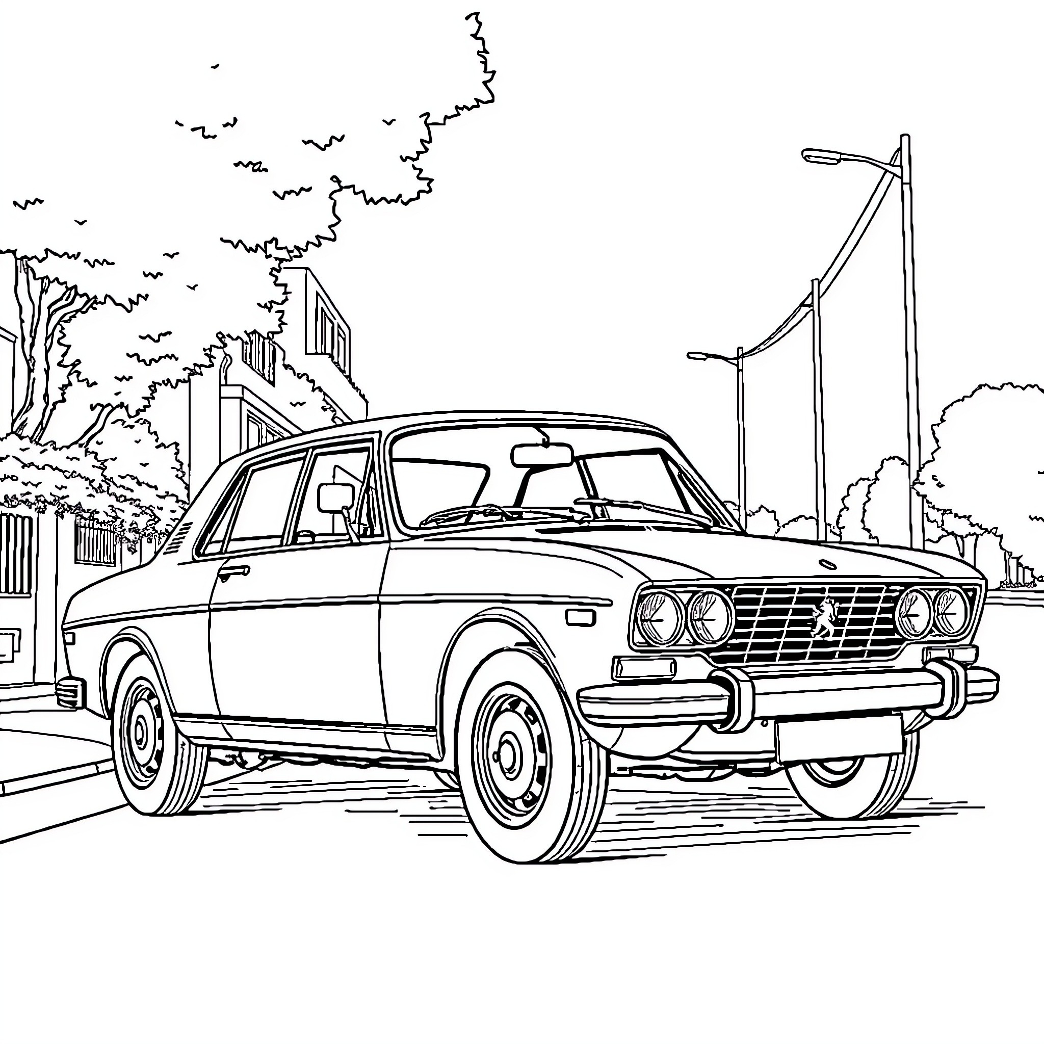 Peugeot 504 parked on city street Coloring Page (free black-and-white line drawing printable PDF for all, from beginners to advanced learners, including children, teens, adults, and seniors)