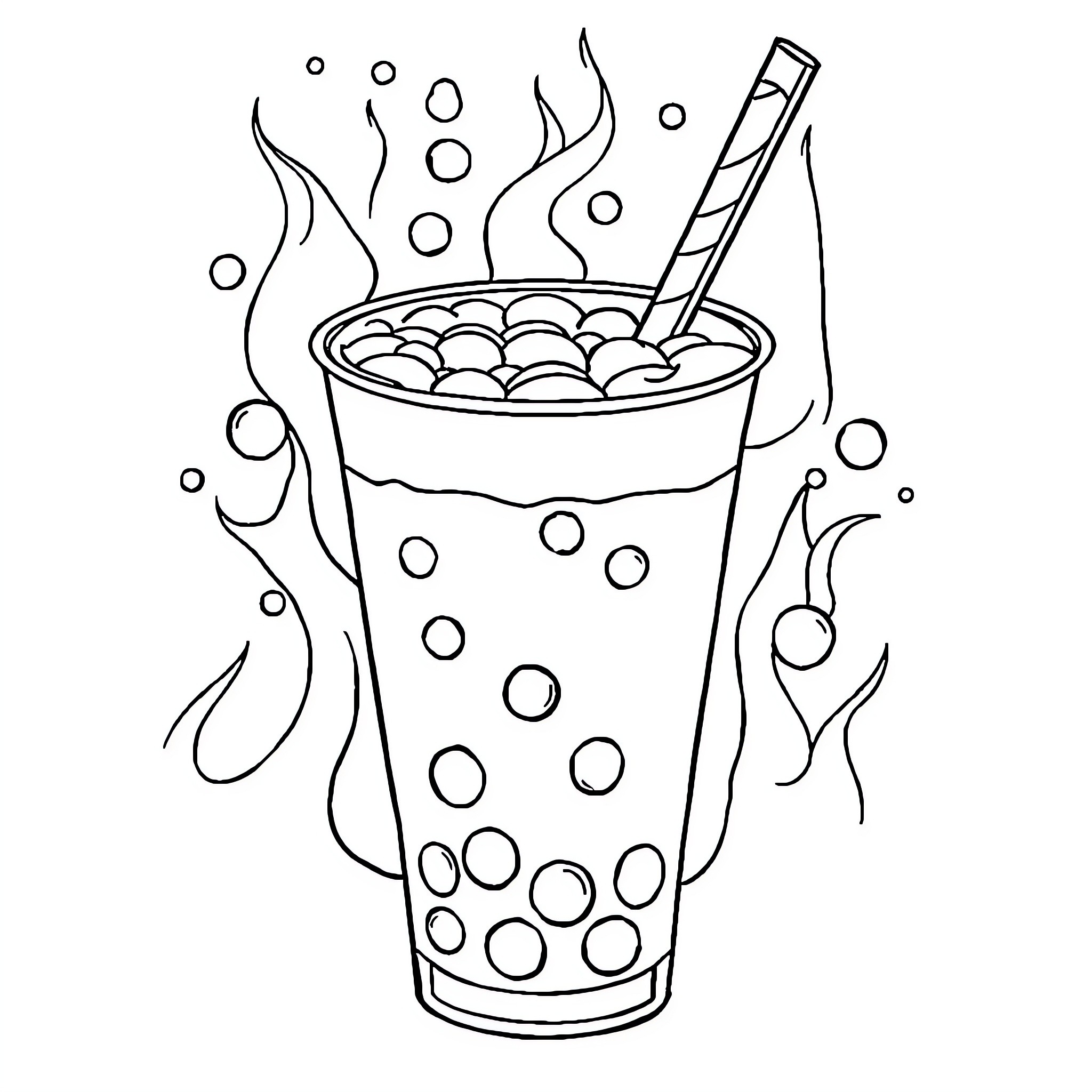 Boba Tea with Playful Bubbles Coloring Page (free black-and-white line drawing printable PDF for all, from beginners to advanced learners, including children, teens, adults, and seniors)