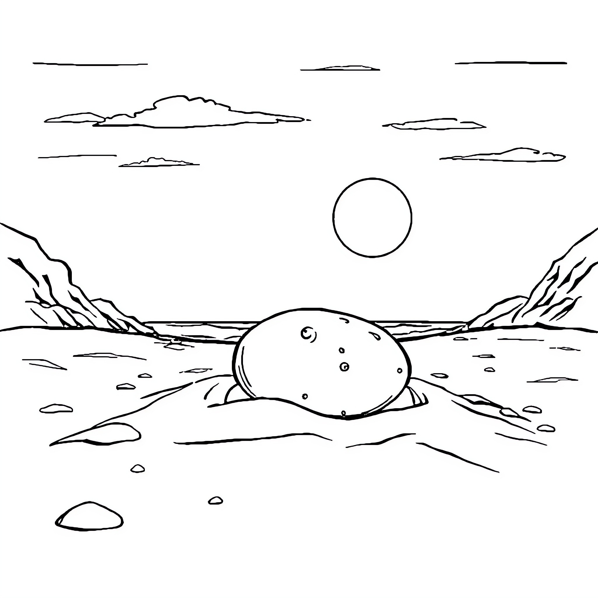 Potato resting in the desert landscape Coloring Page (free black-and-white line drawing printable PDF for all, from beginners to advanced learners, including children, teens, adults, and seniors)
