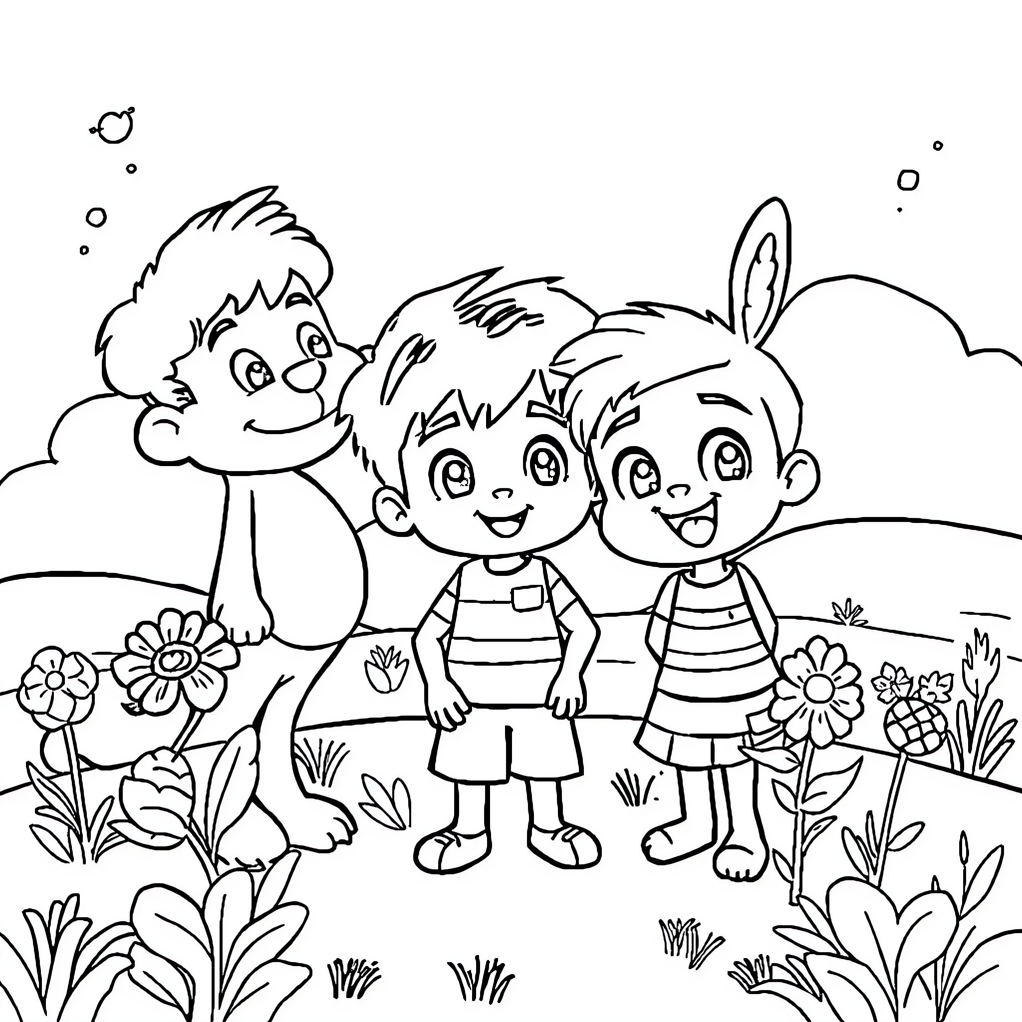 Anime Children Enjoying Nature with Flowers Coloring Page (free black-and-white line drawing printable PDF for all, from beginners to advanced learners, including children, teens, adults, and seniors)