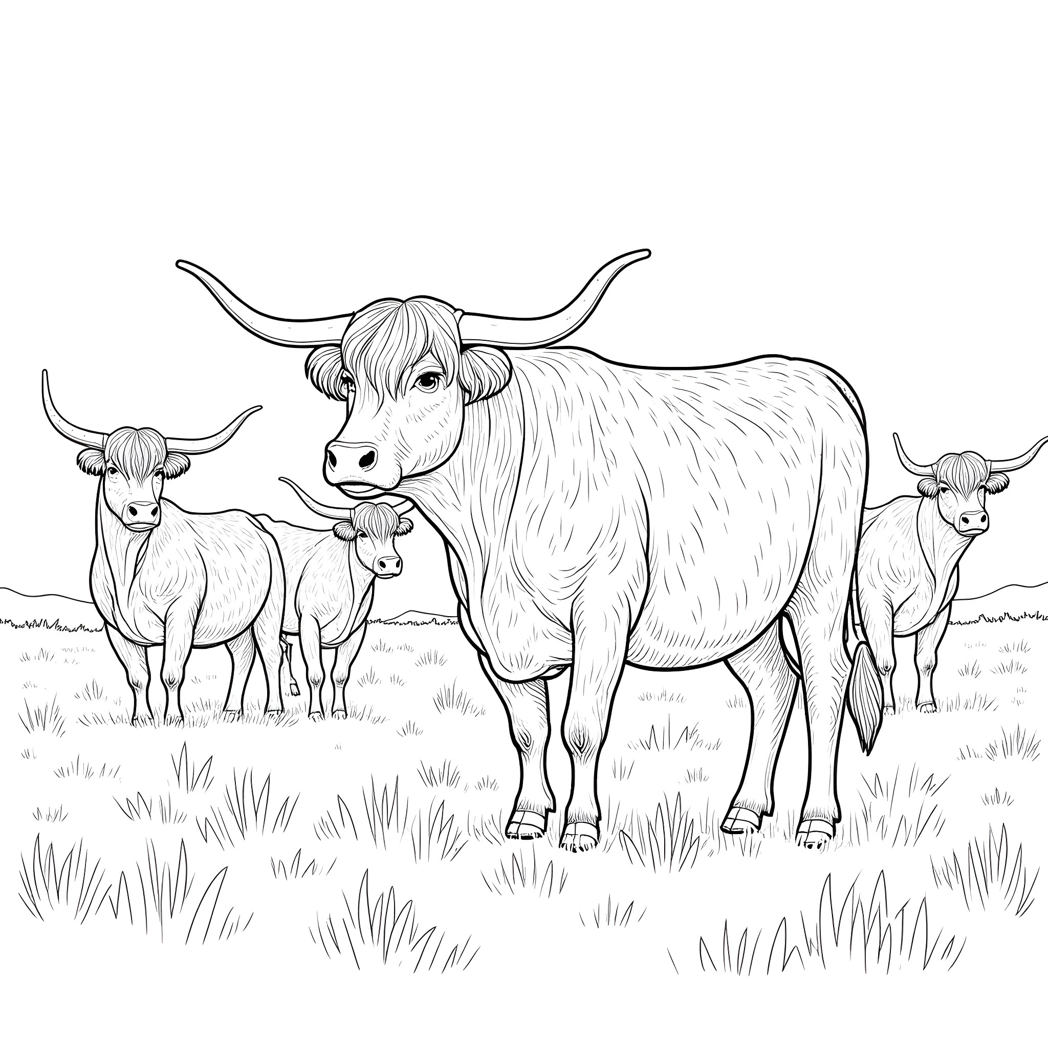 Highland Cows grazing peacefully in a grassy field Coloring Page (free black-and-white line drawing printable PDF for all, from beginners to advanced learners, including children, teens, adults, and seniors)